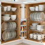 A bright, professional shot of an open kitchen cabinet showcasing chrome tiered shelving inserts with neatly organized plates and spice jars, illustrating maximized vertical space.