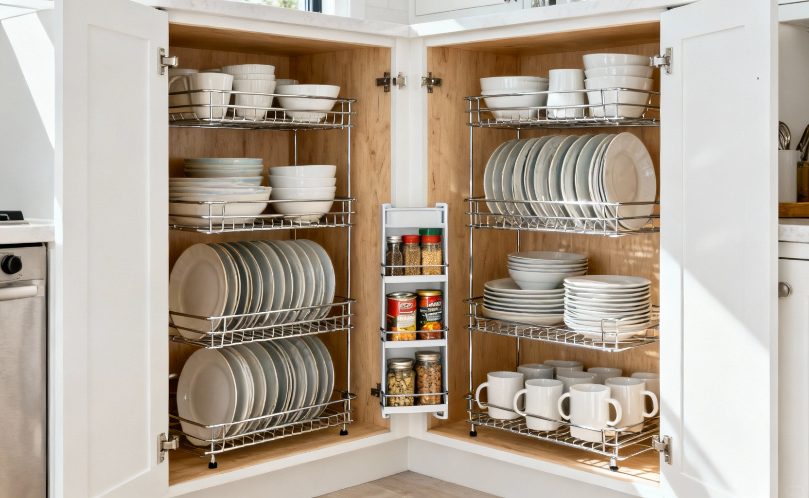 A bright, professional shot of an open kitchen cabinet showcasing chrome tiered shelving inserts with neatly organized plates and spice jars, illustrating maximized vertical space.