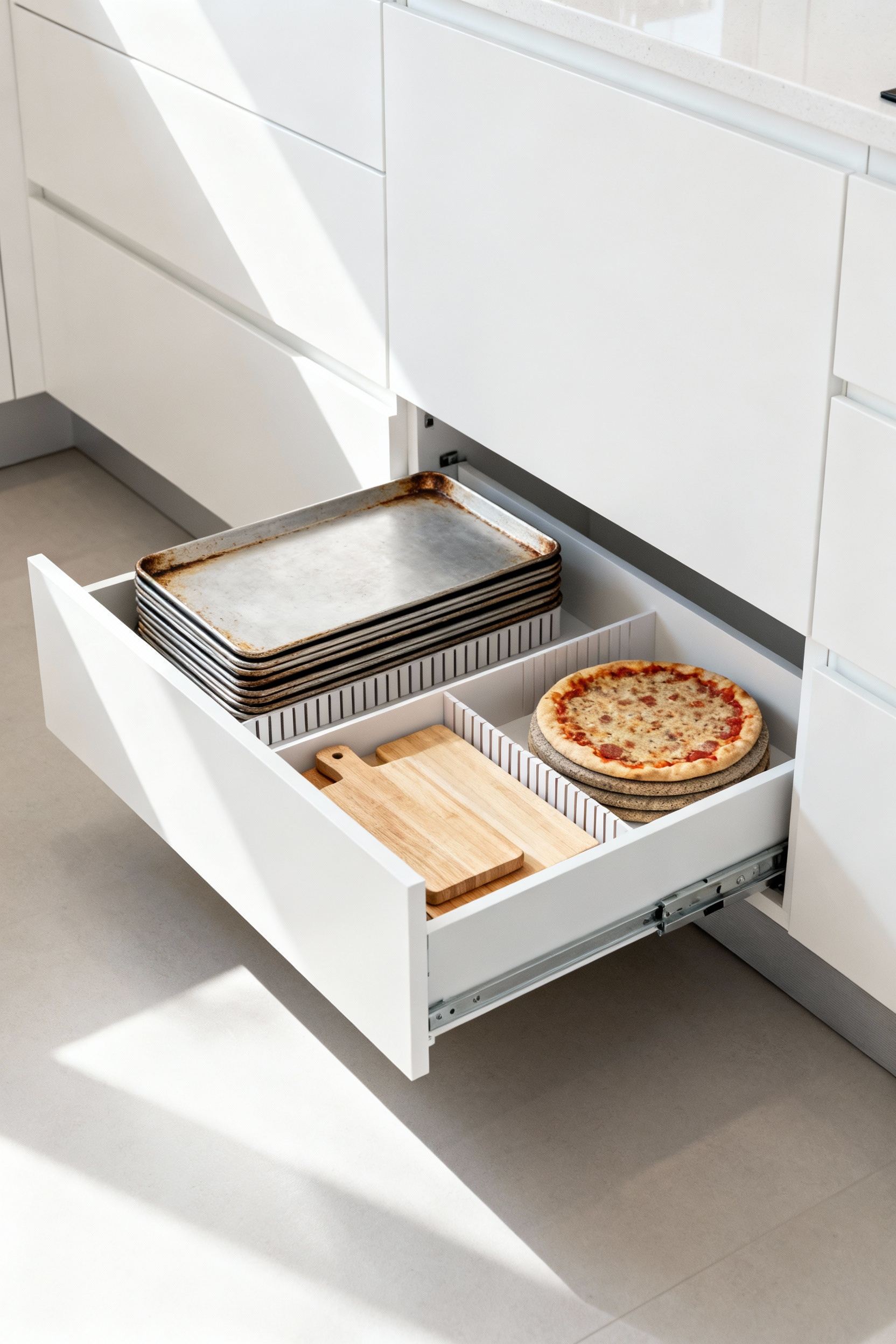A partially open, white toe-kick drawer at the base of modern kitchen cabinets, neatly organizing baking sheets, platters, and cutting boards, showcasing undetectable low-profile storage.