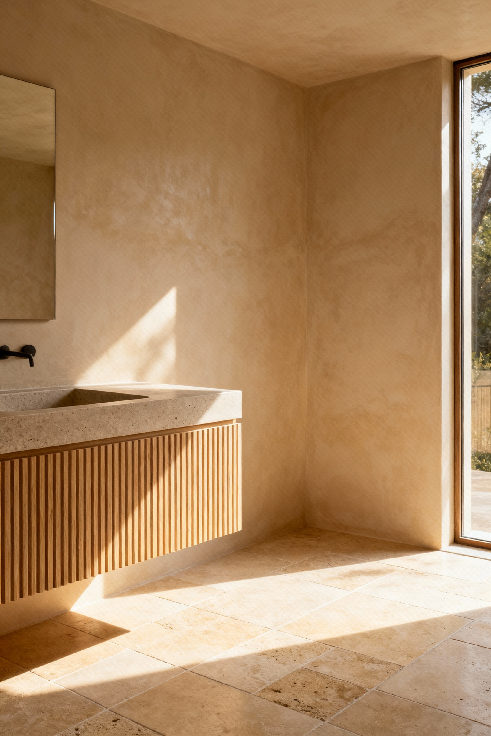 A modern master bathroom showcasing a trend-proof material palette of creamy organic neutrals, featuring honed travertine floor tiles, textured plaster walls, and a fluted light oak floating vanity under soft morning light.