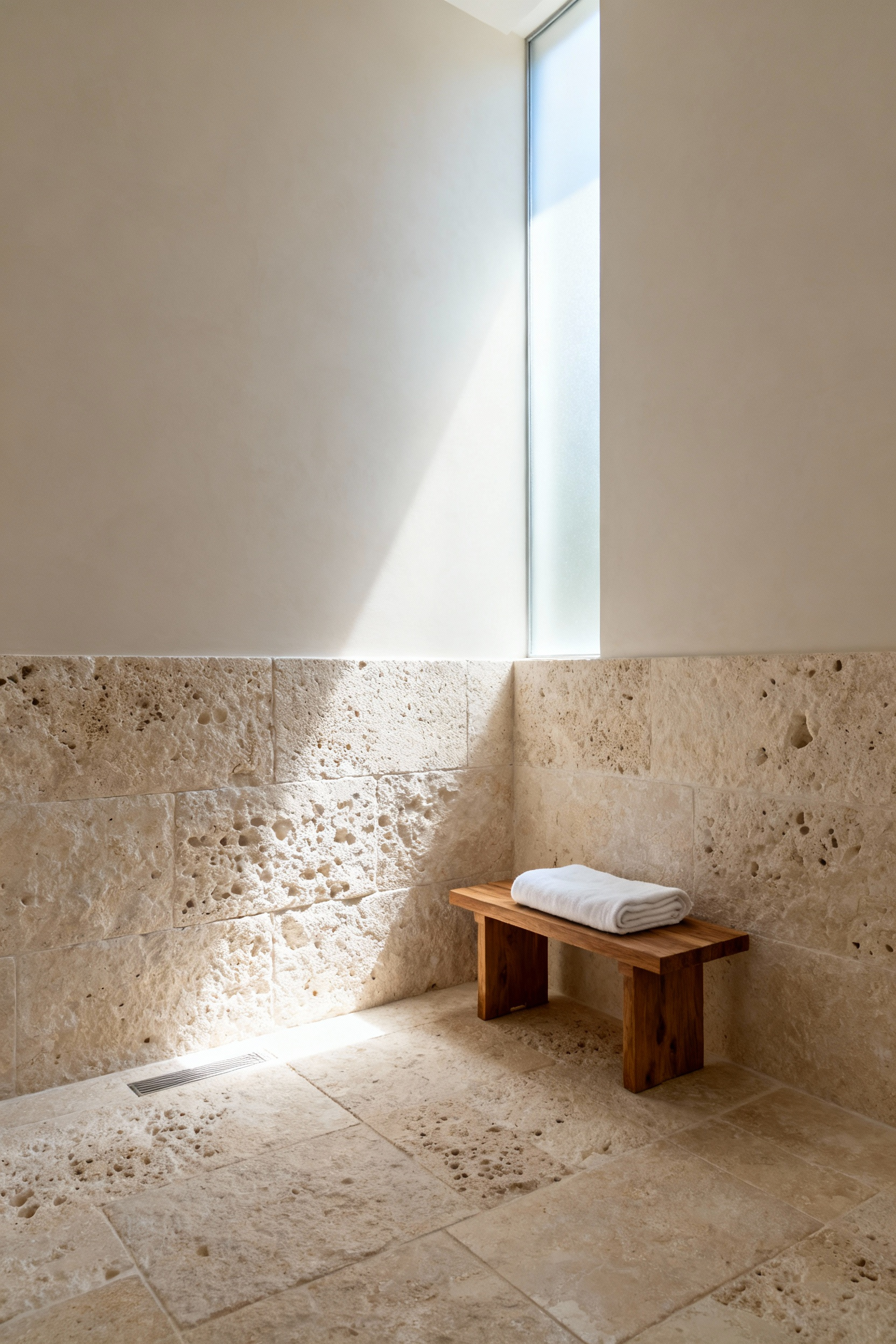 Tranquil walk-in shower featuring large format tumbled ivory travertine tiles on the floor and walls, highlighting the porous texture and diffused natural lighting for an organic, spa-like aesthetic and superior grip.