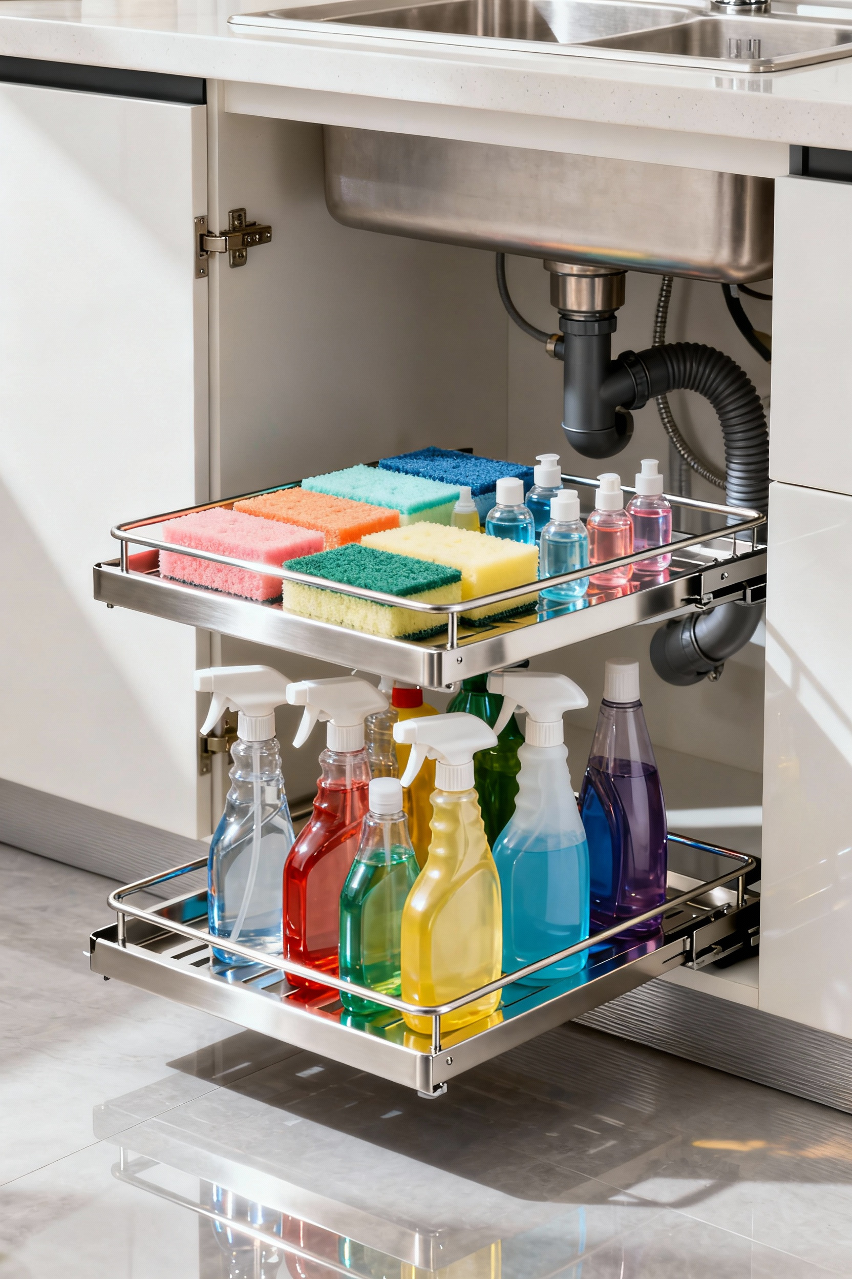 An open under-sink kitchen cabinet with a two-tiered stainless steel pull-out organizer holding various cleaning supplies, dish soaps, and sponges, showcasing optimized vertical storage.