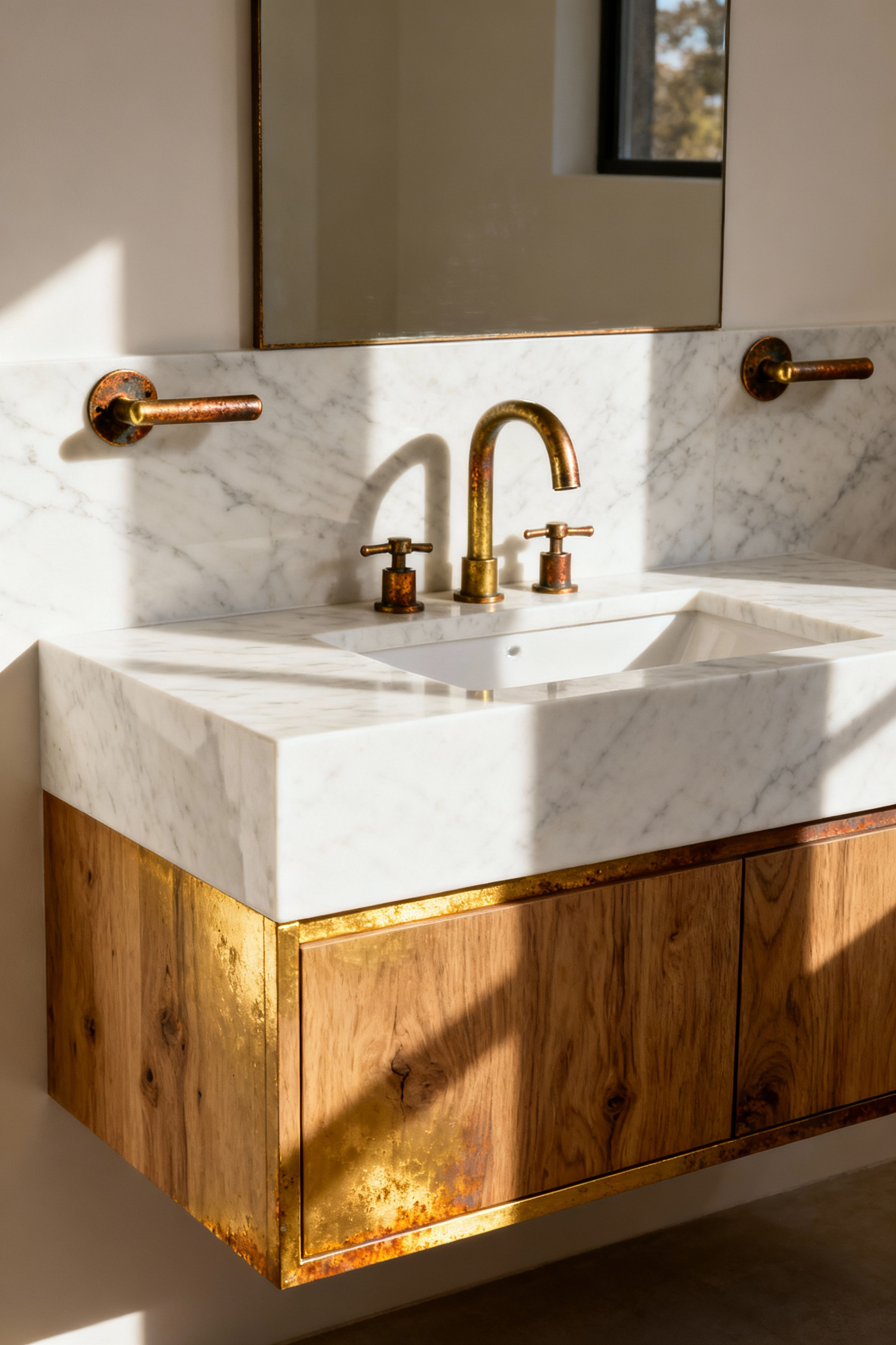 Detailed view of unlacquered brass faucet fixtures showing deep amber and bronze patina, installed on a honed marble countertop above a white oak vanity, illustrating organic bathroom design ideas.