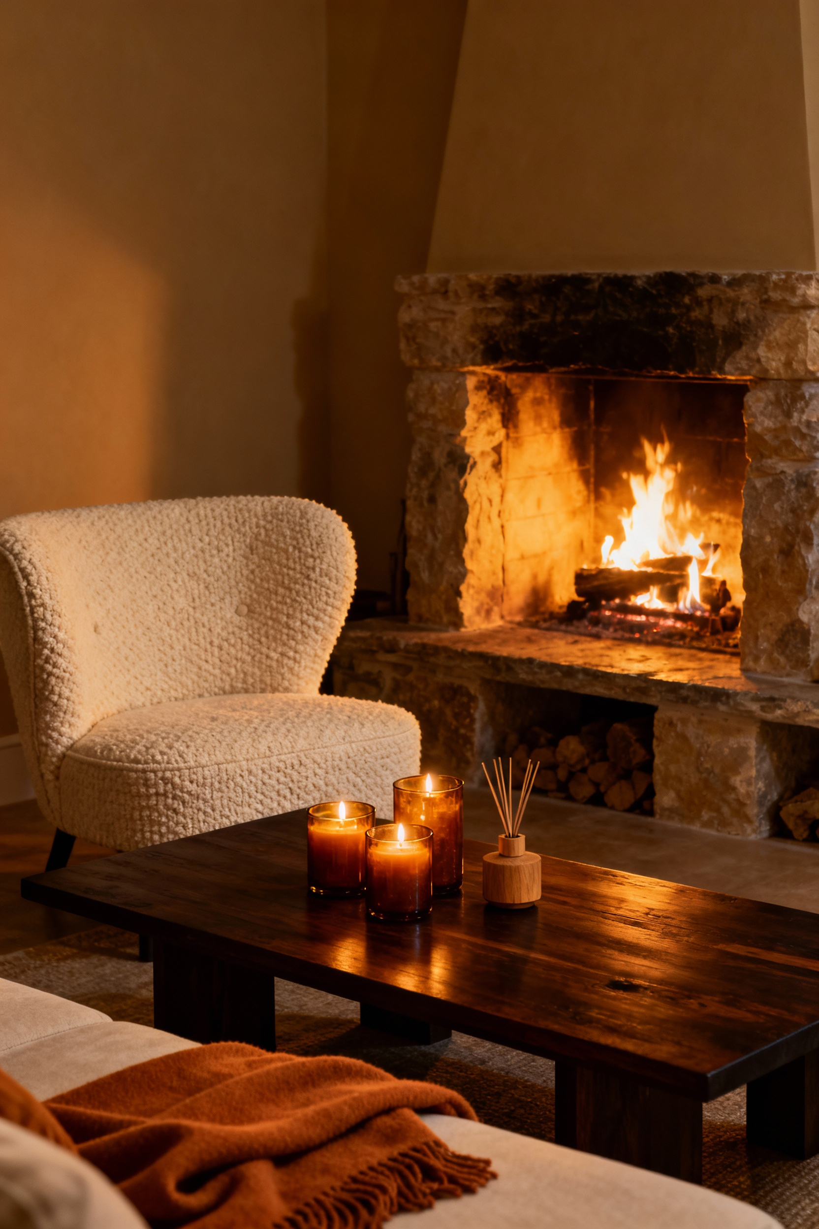 A luxurious, highly textured, cozy living room interior bathed in deep amber and golden light, featuring a boucle sofa and wooden coffee table, designed to illustrate the velvety weight of vanilla, amber, and wood scentscaping.