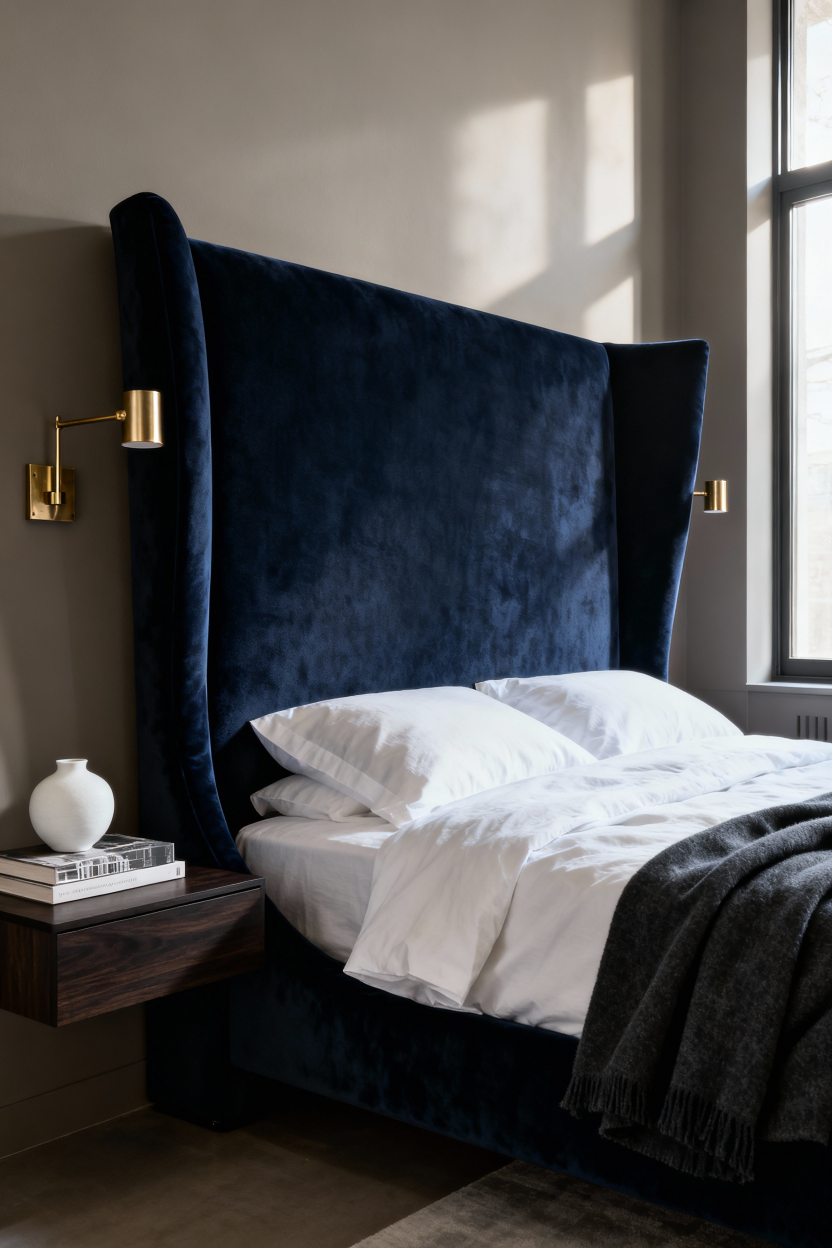 A luxurious modern bedroom featuring an oversized, deep navy velvet wingback headboard that creates a private sanctuary feel, flanked by asymmetrical brass reading sconces and minimalist walnut nightstands.