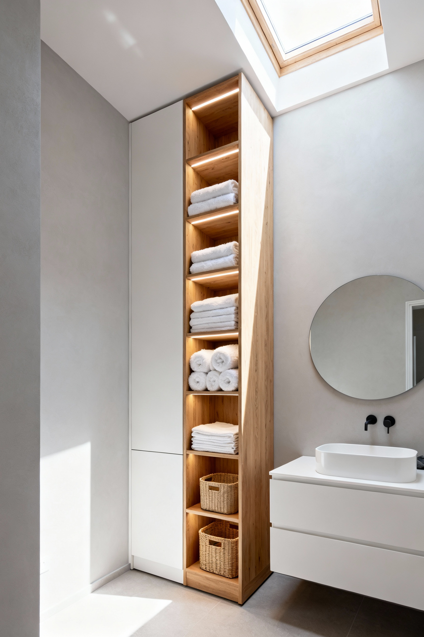 A floor-to-ceiling linen tower maximizing storage in a small, modern bathroom, using vertical space to create the illusion of higher ceilings.
