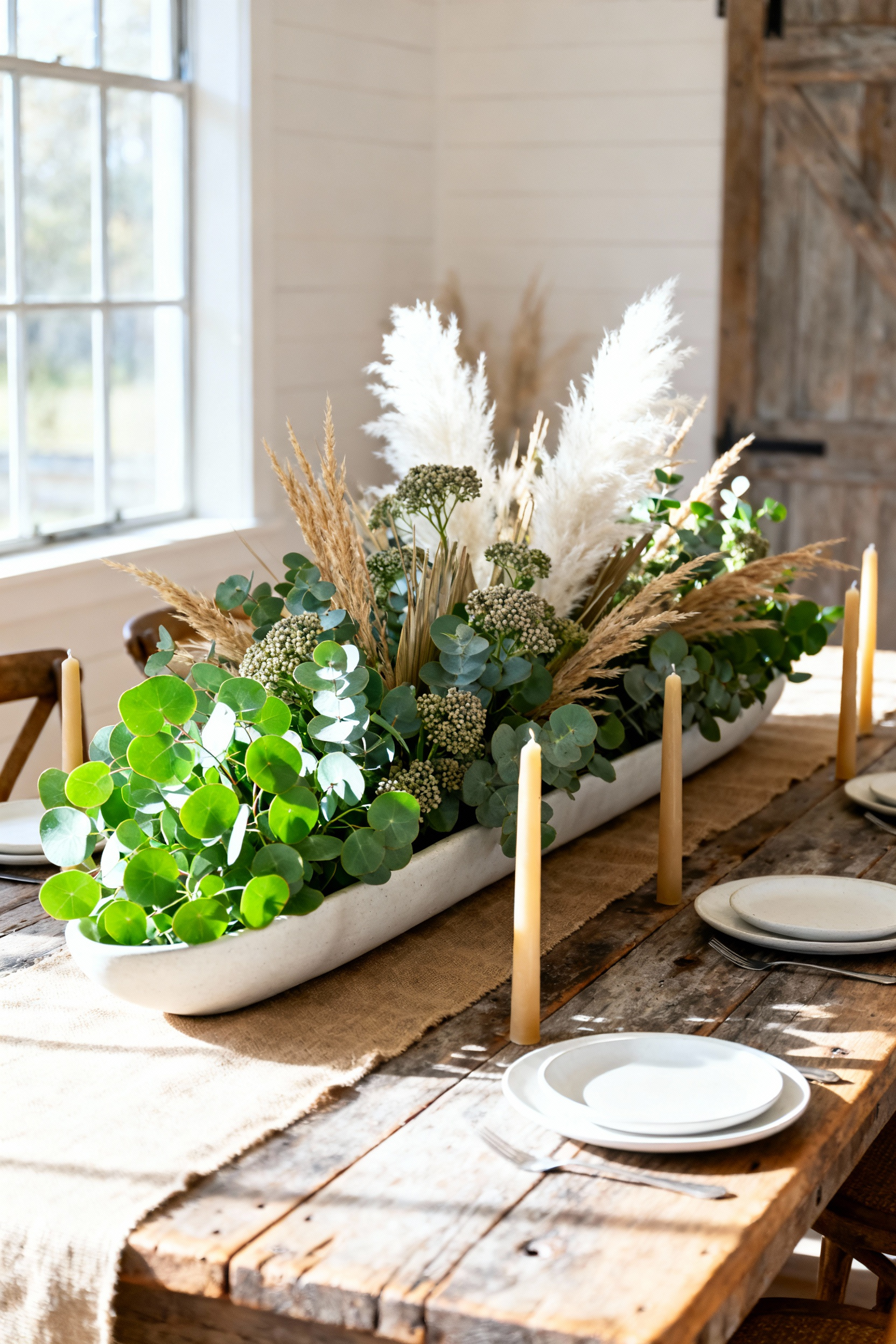 A stylish farmhouse dining room featuring a long oak table set with a sprawling, zero-maintenance centerpiece made from vibrant preserved eucalyptus and dried natural botanicals.