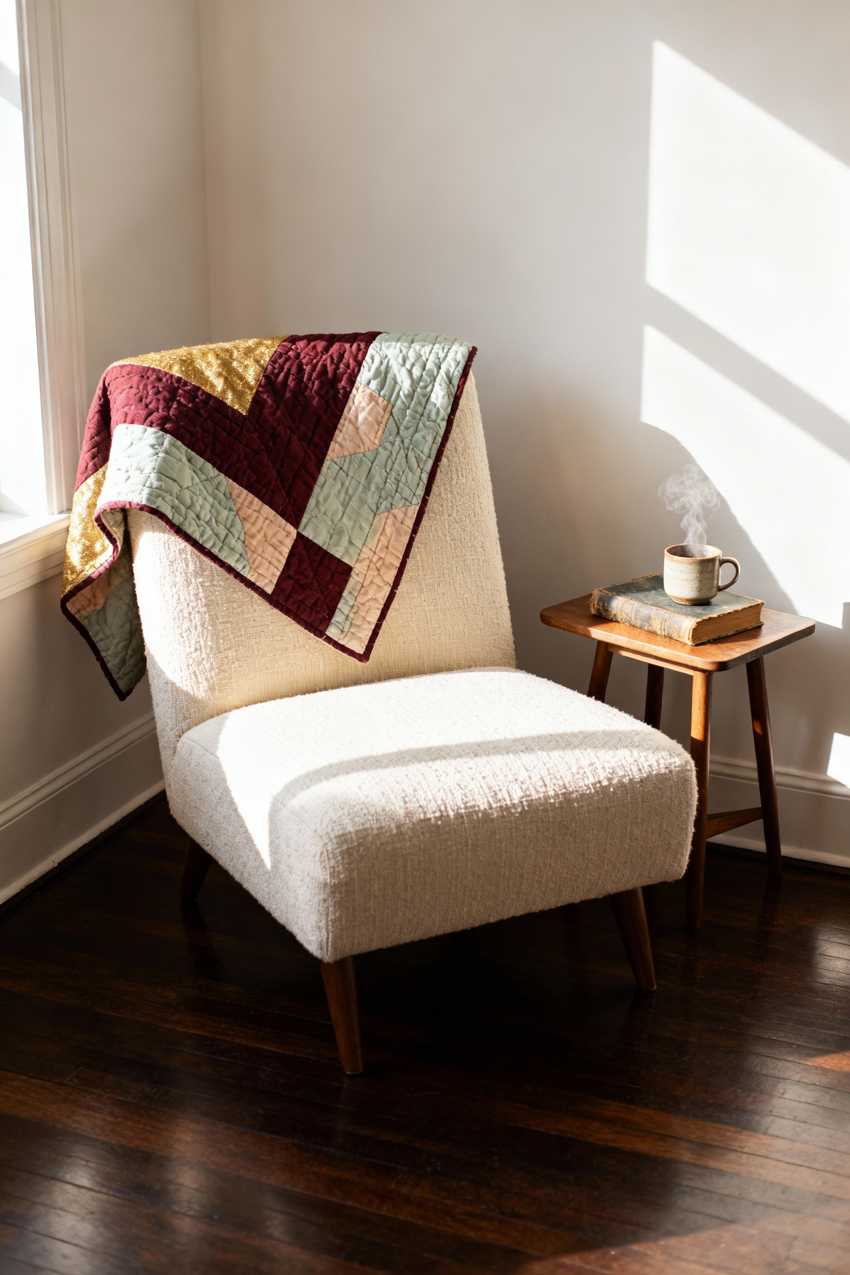 Vintage heirloom patchwork quilt draped over a cream linen armchair in a cozy apartment living room, symbolizing sentimental anchors and personal history in a rental space.