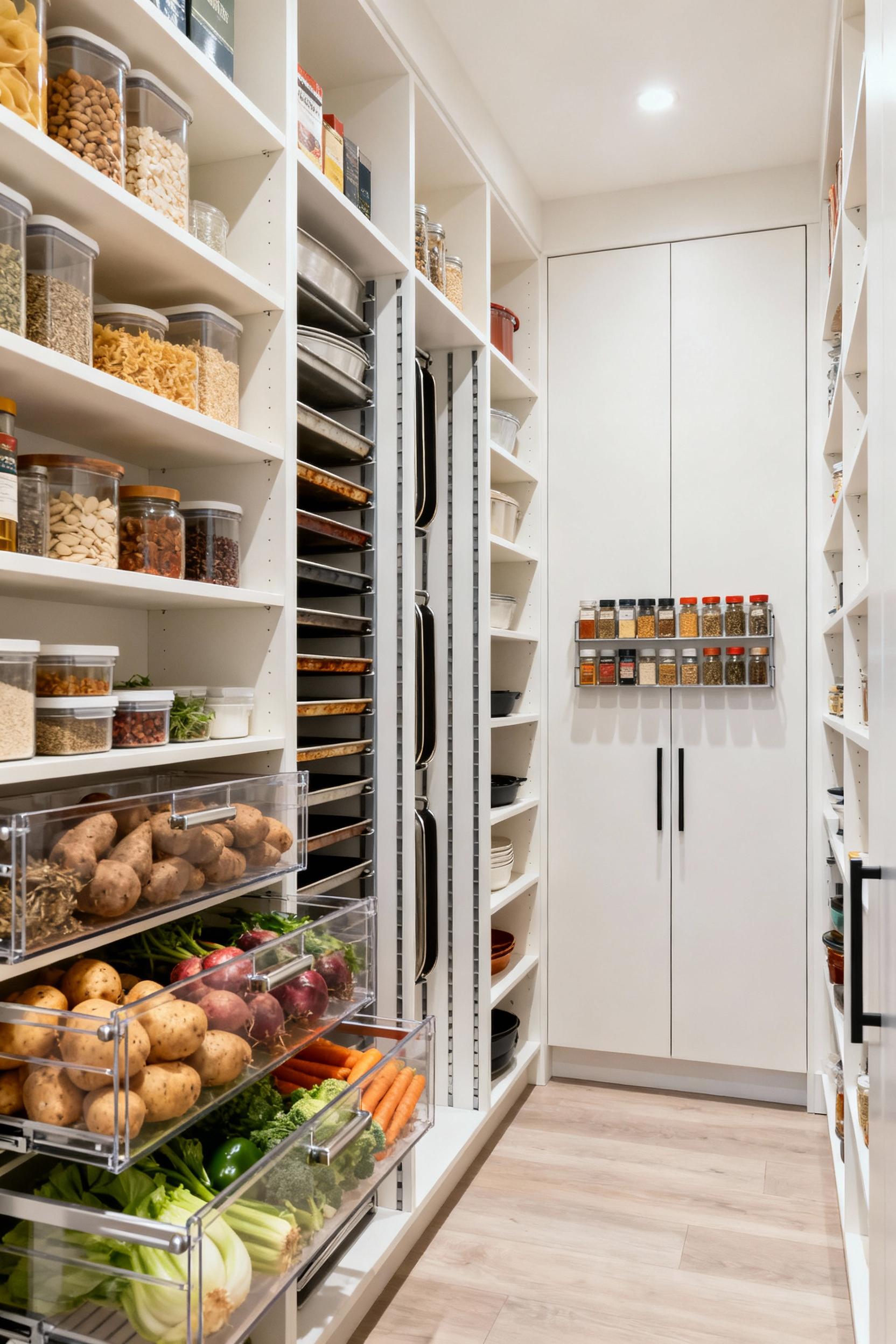 A meticulously organized walk-in pantry with custom adjustable shelving, pull-out drawers, vertical dividers for trays, and door-mounted spice racks, bathed in bright natural light.