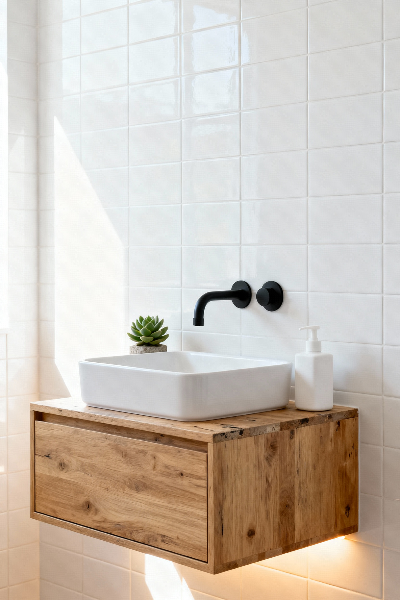 Modern small bathroom featuring an 18-inch floating vanity with a vessel sink and a matte black wall-mounted faucet, illustrating how the faucet placement frees up critical usable countertop space for daily essentials.