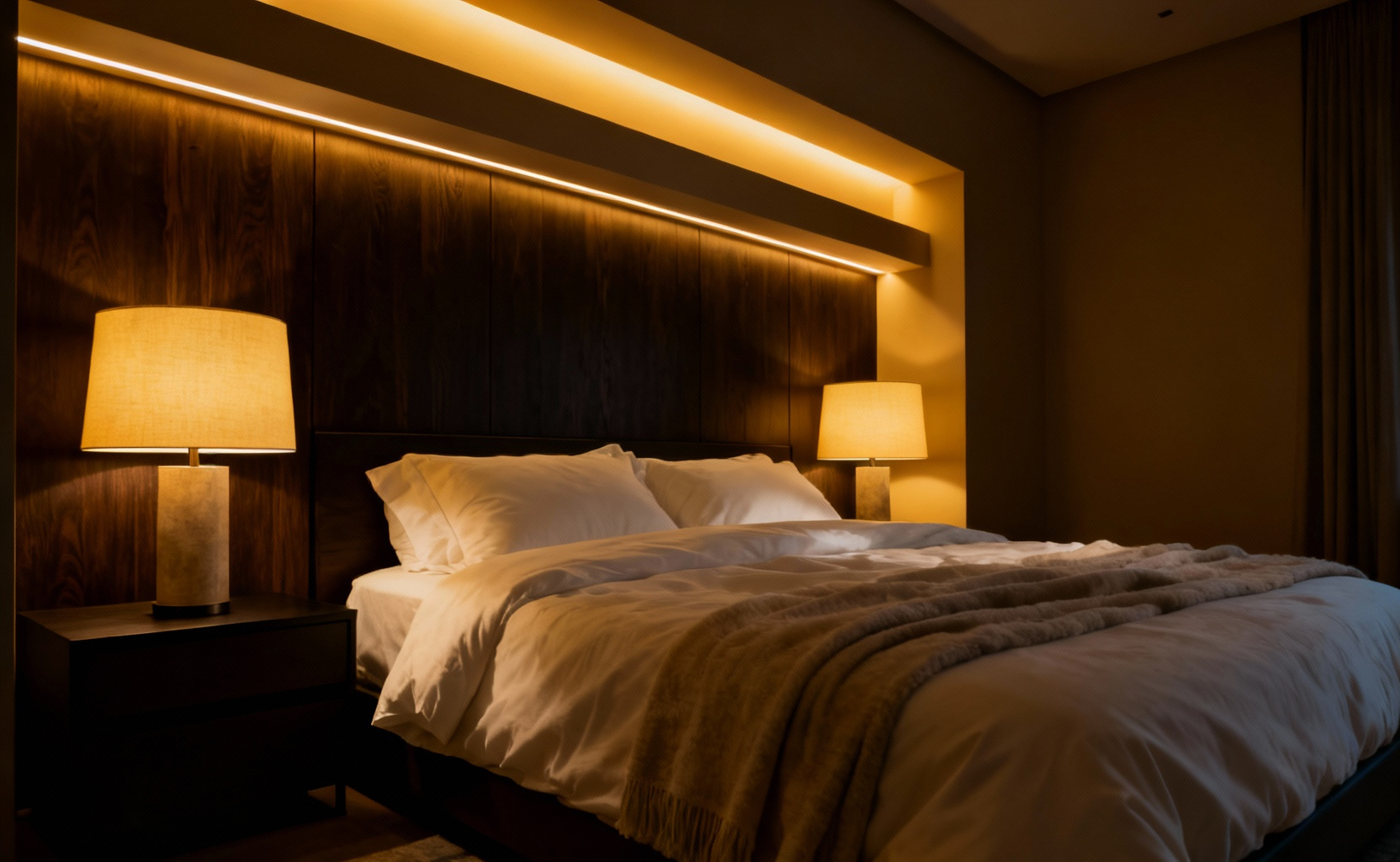 A photograph of a luxurious, modern primary bedroom bathed entirely in deep golden light (2800K warm color temperature), illustrating foundational lighting designed to promote rest and sleep.
