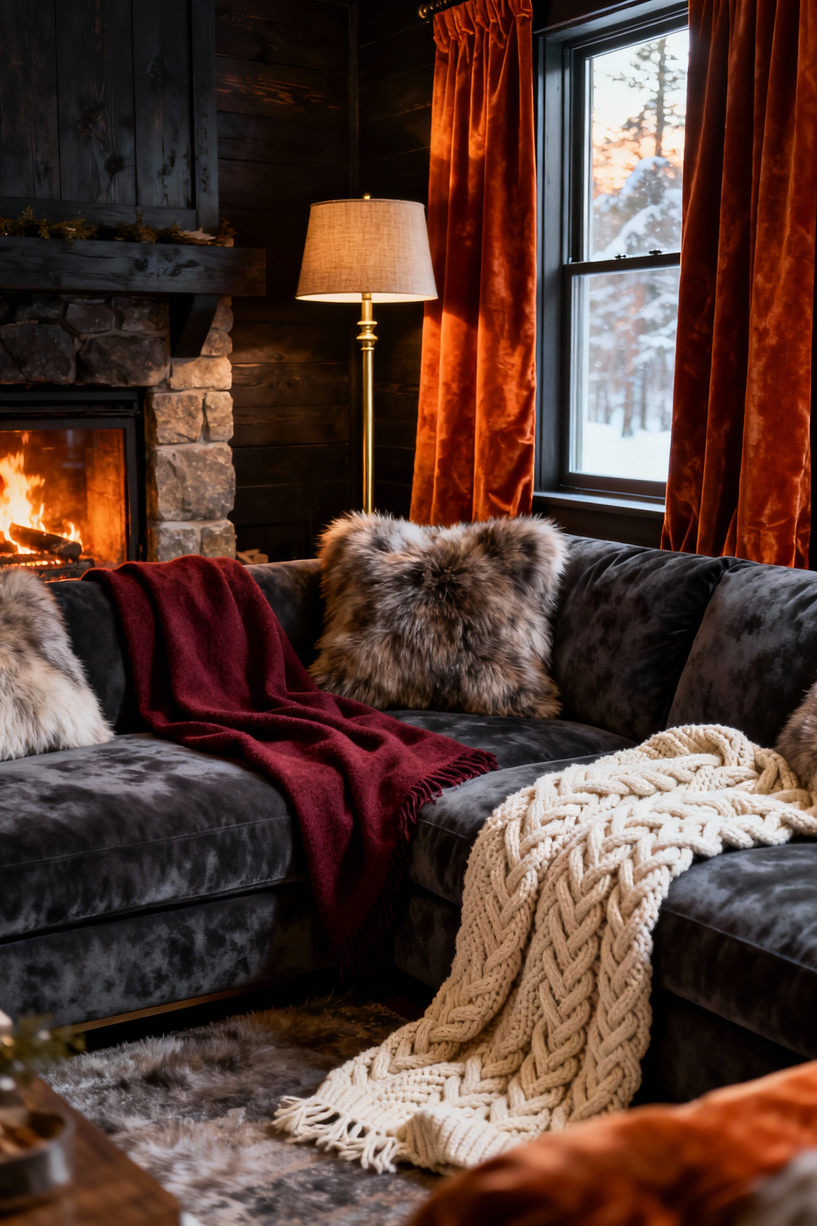 A photograph of a cozy winter living room featuring a deep charcoal sofa layered with chunky knit wool and burgundy merino throws, emphasizing warm textures and soft, hygge lighting.
