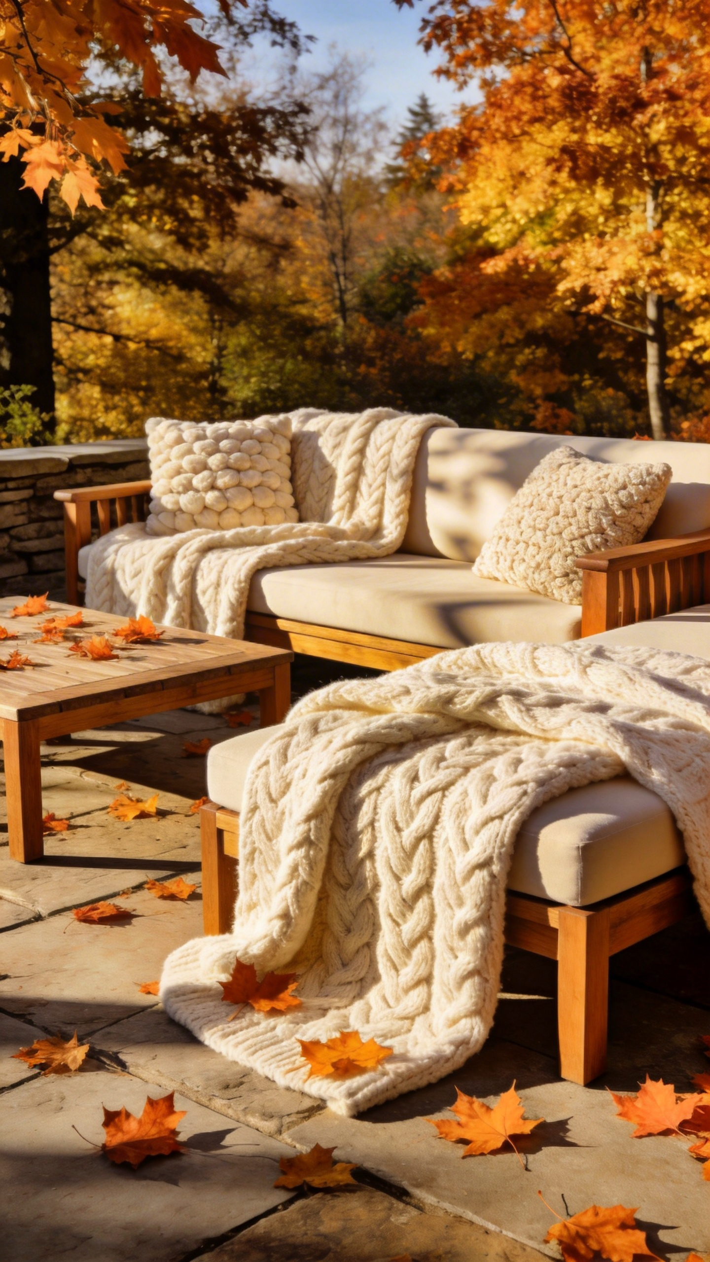 A cozy outdoor stone patio decorated for autumn with thick wool knit blankets and textured pillows on wooden furniture under golden hour light.