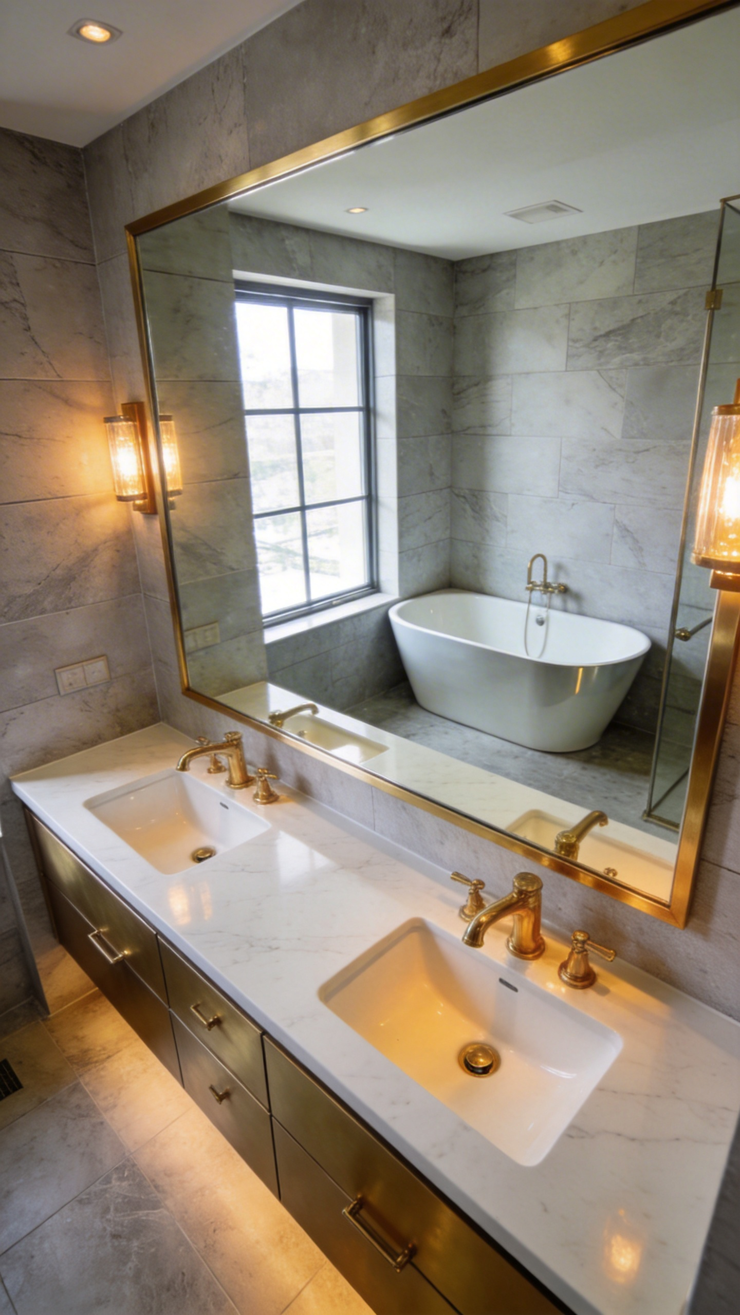 A spacious luxury bathroom showcasing high-quality solid brass fixtures and modern stone surfaces.
