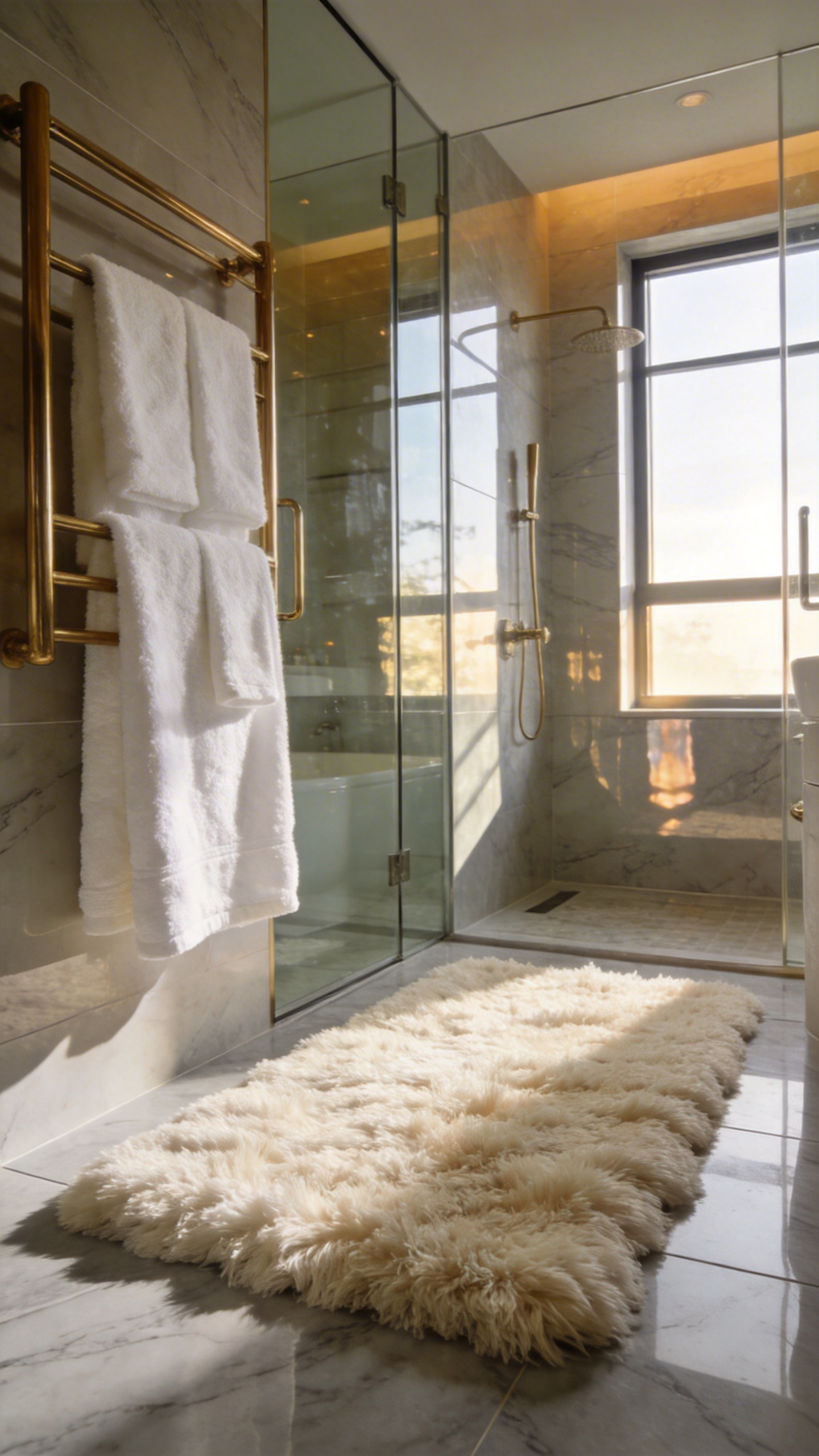 A luxurious modern bathroom featuring a thick plush shag rug on marble floors and fluffy towels to reduce echo and create a cozy atmosphere.