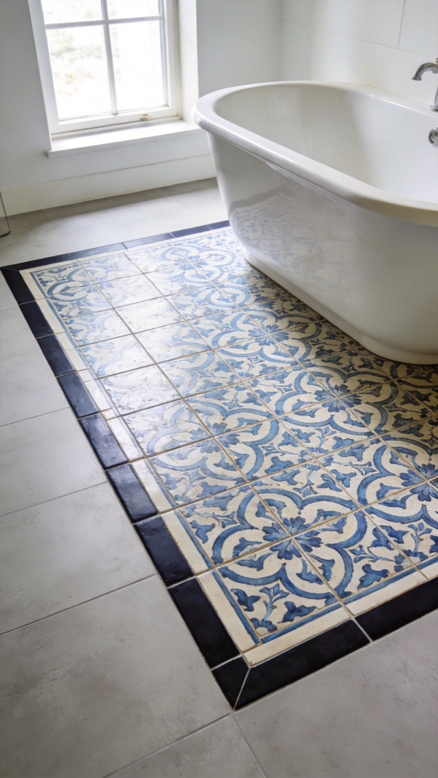 High-end bathroom interior featuring a decorative encaustic cement tile floor inlay shaped like a rug under a freestanding bathtub.