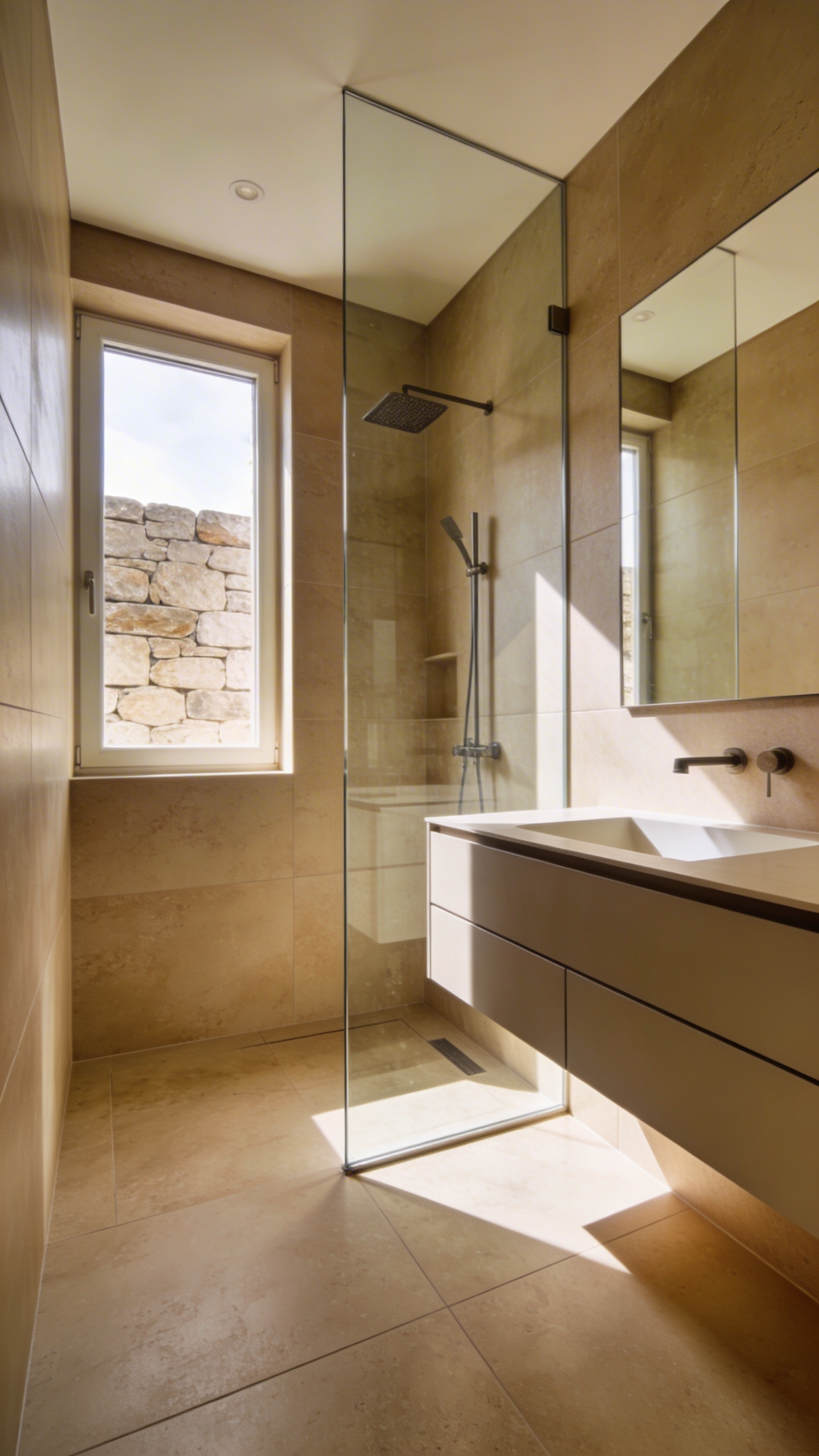 A small luxury bathroom showcasing the envelope effect with identical sand-colored tiles on the floors and walls to maximize space.