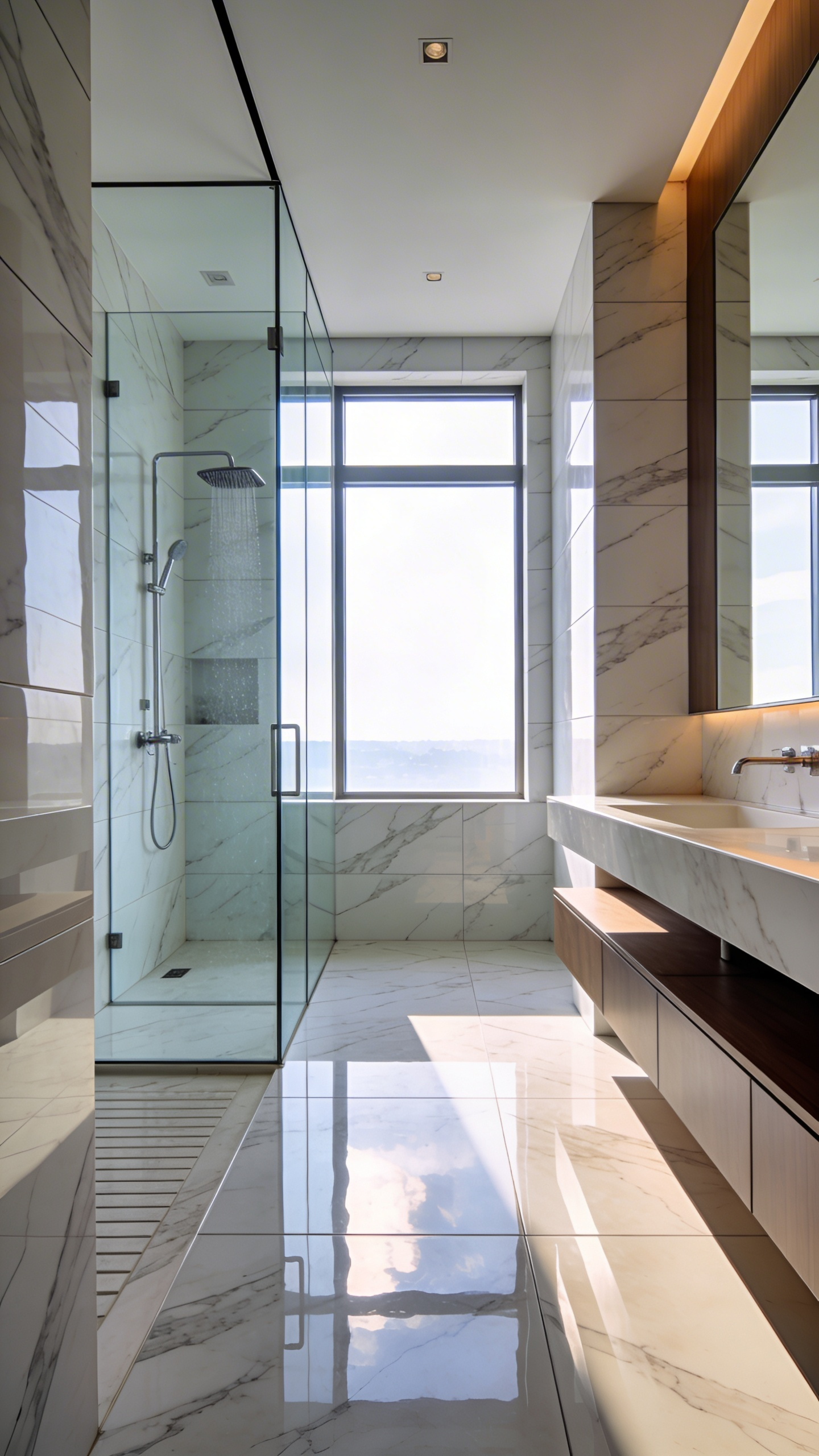A spacious modern bathroom featuring large-format vertical wall tiles and a seamless floor layout to maximize spatial perception.