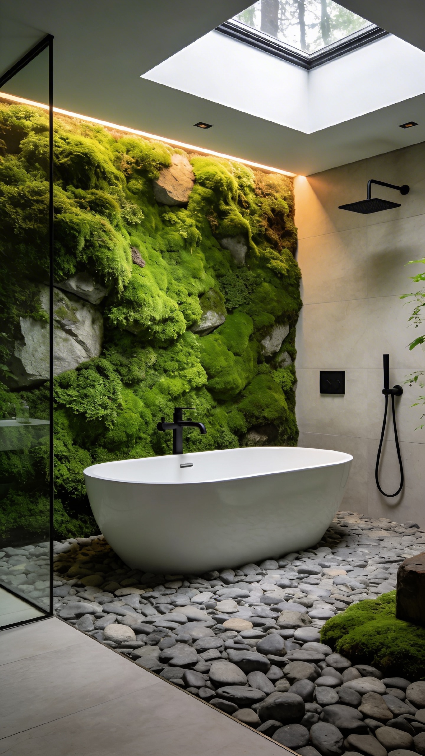 A luxury bathroom featuring a large green moss accent wall, smooth river stone flooring, and a modern white freestanding bathtub.