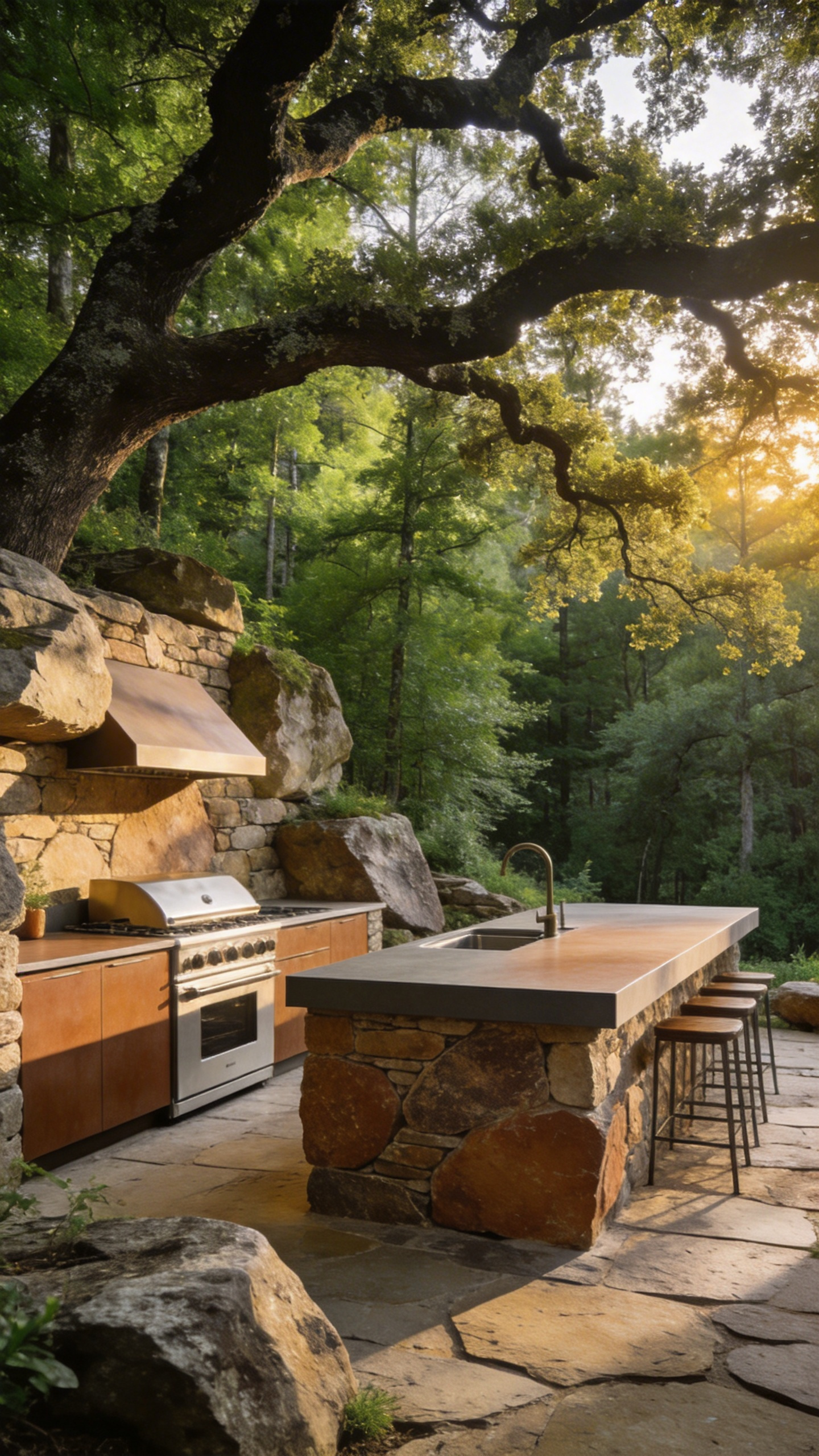 High-end outdoor kitchen featuring natural stone and Dekton materials seamlessly integrated into a forest landscape.