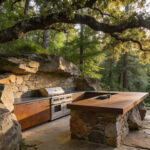High-end outdoor kitchen featuring natural stone and Dekton materials seamlessly integrated into a forest landscape.