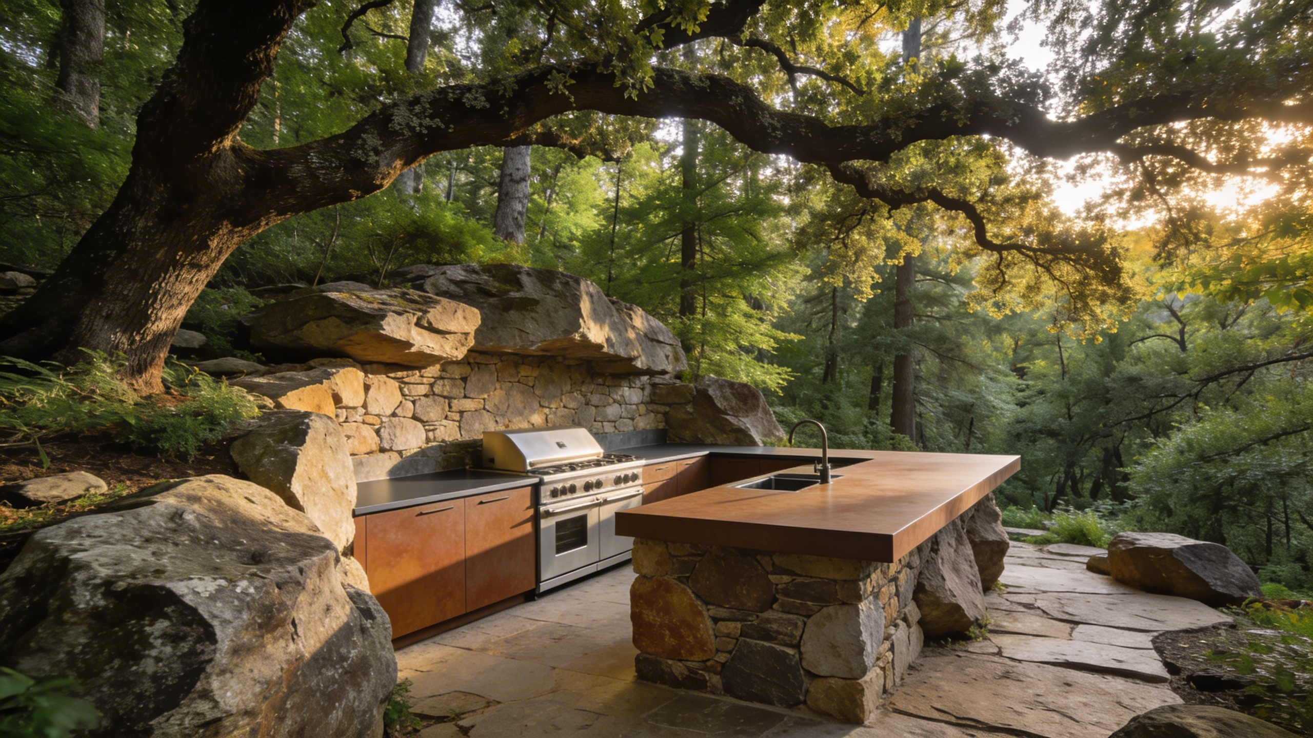 High-end outdoor kitchen featuring natural stone and Dekton materials seamlessly integrated into a forest landscape.