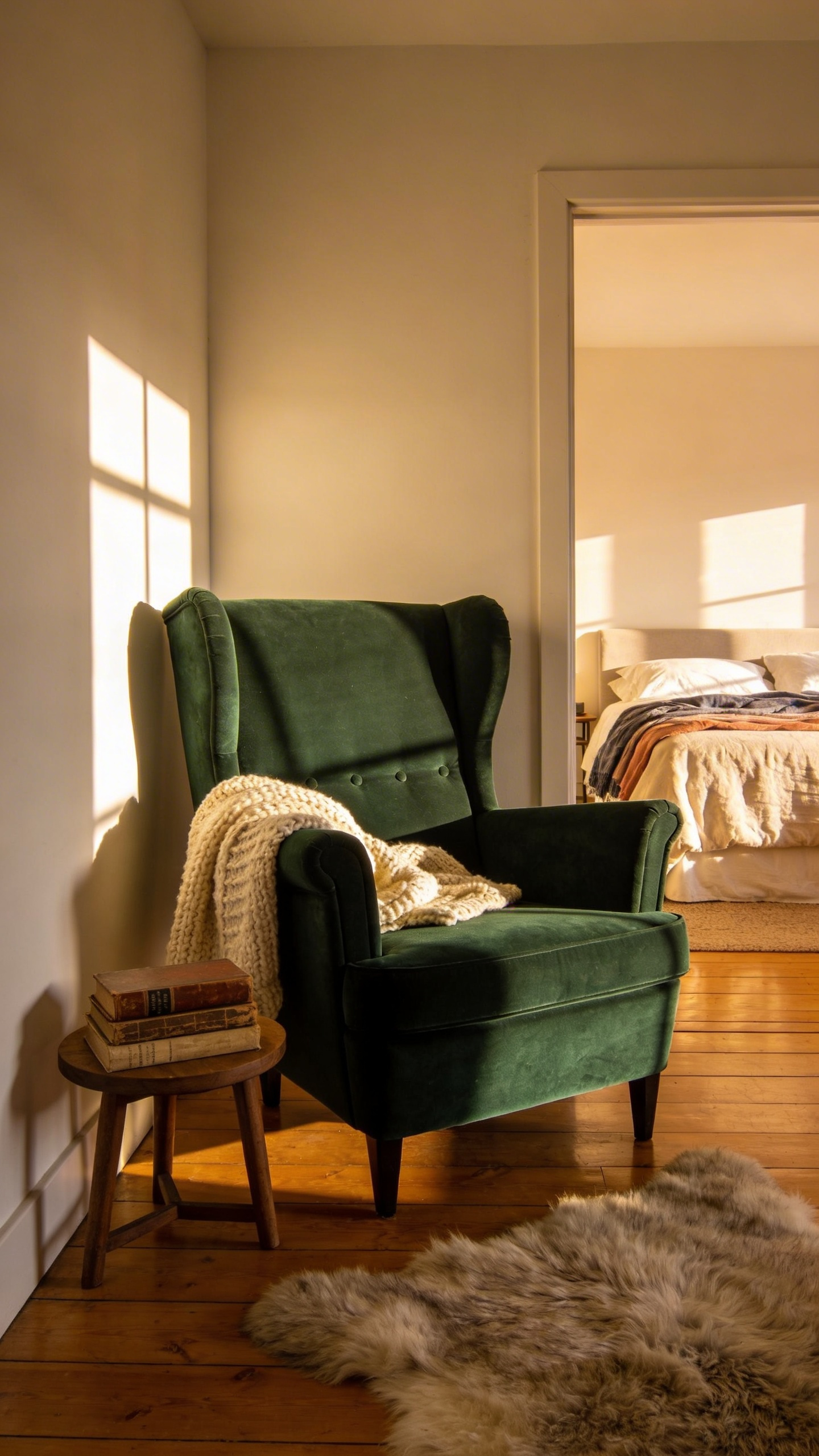 A serene bedroom reading nook featuring a green overstuffed armchair in a corner by a window with soft sunlight and a knitted throw.
