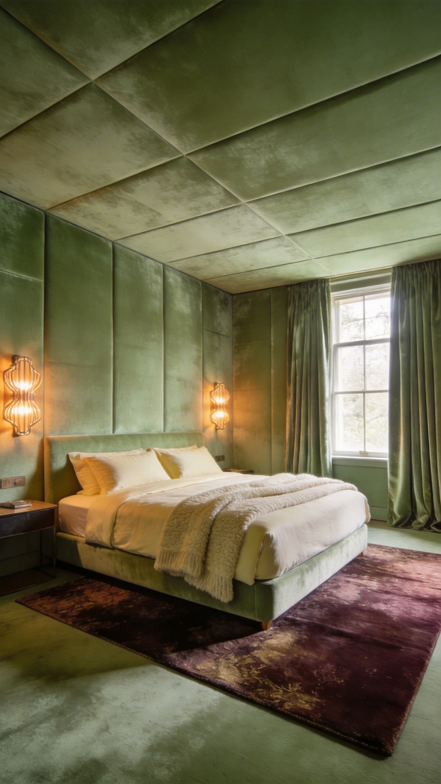 A quiet and luxurious bedroom featuring sound-absorbing upholstered walls in green velvet and plush bedding for a cozy atmosphere.