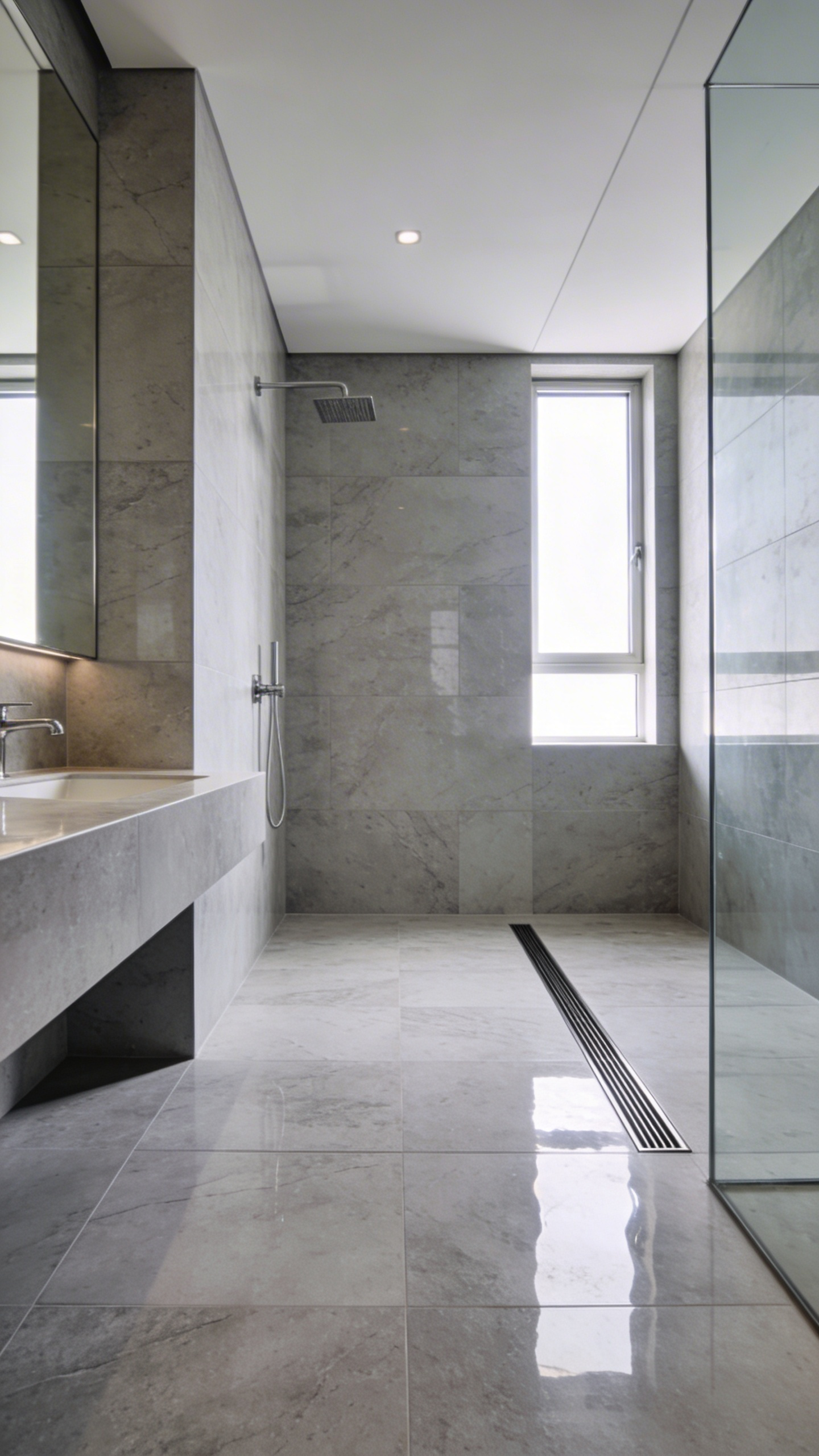 Modern luxury bathroom featuring a curbless shower with large format tiles and a sleek linear drain.