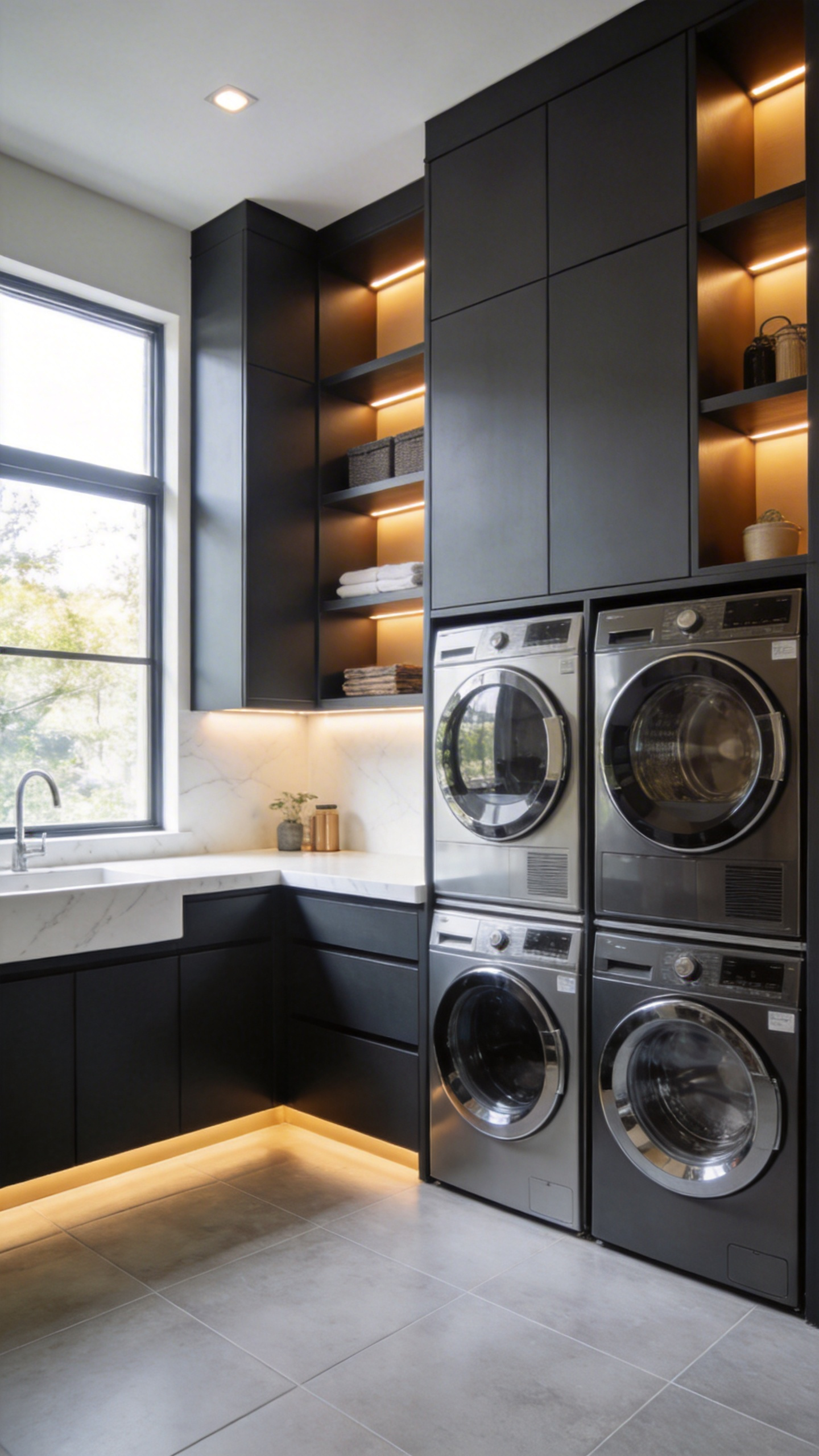 A modern luxury laundry room featuring custom charcoal cabinetry, white quartz countertops at different heights, and a systematic tri-zone layout for maximum storage and efficiency.