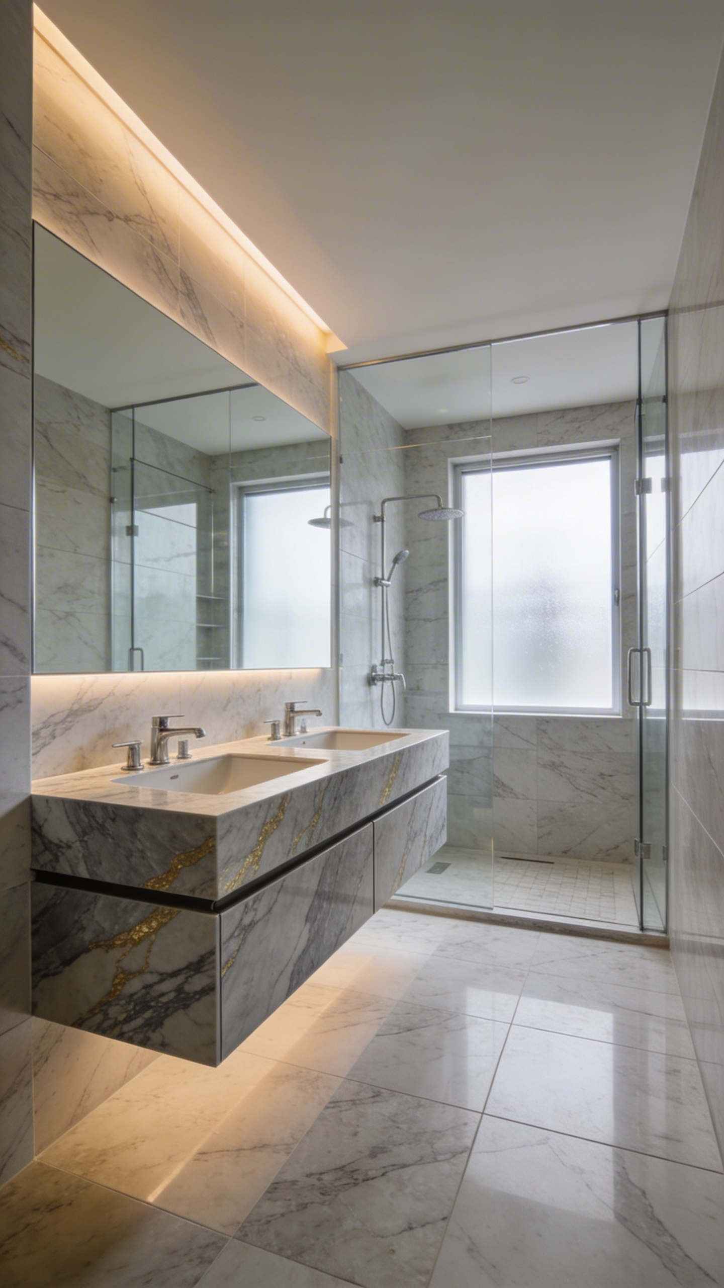 A modern luxury bathroom featuring engineered quartzite tiles and a floating vanity with seamless marble-like veining.