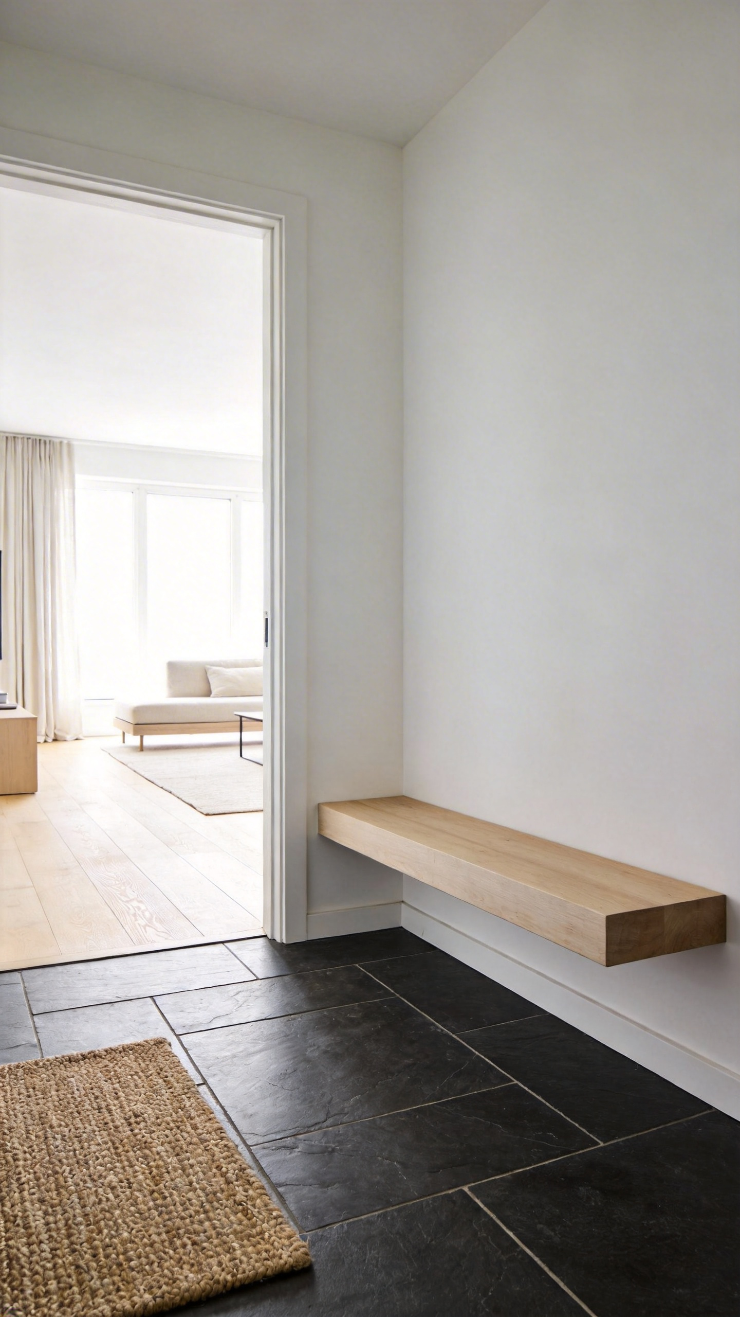 A modern, minimalist entryway featuring dark slate flooring and a light wood floating bench that acts as a visual barrier and dirt catchment zone before transitioning into a bright, simple living room with light hardwood floors.