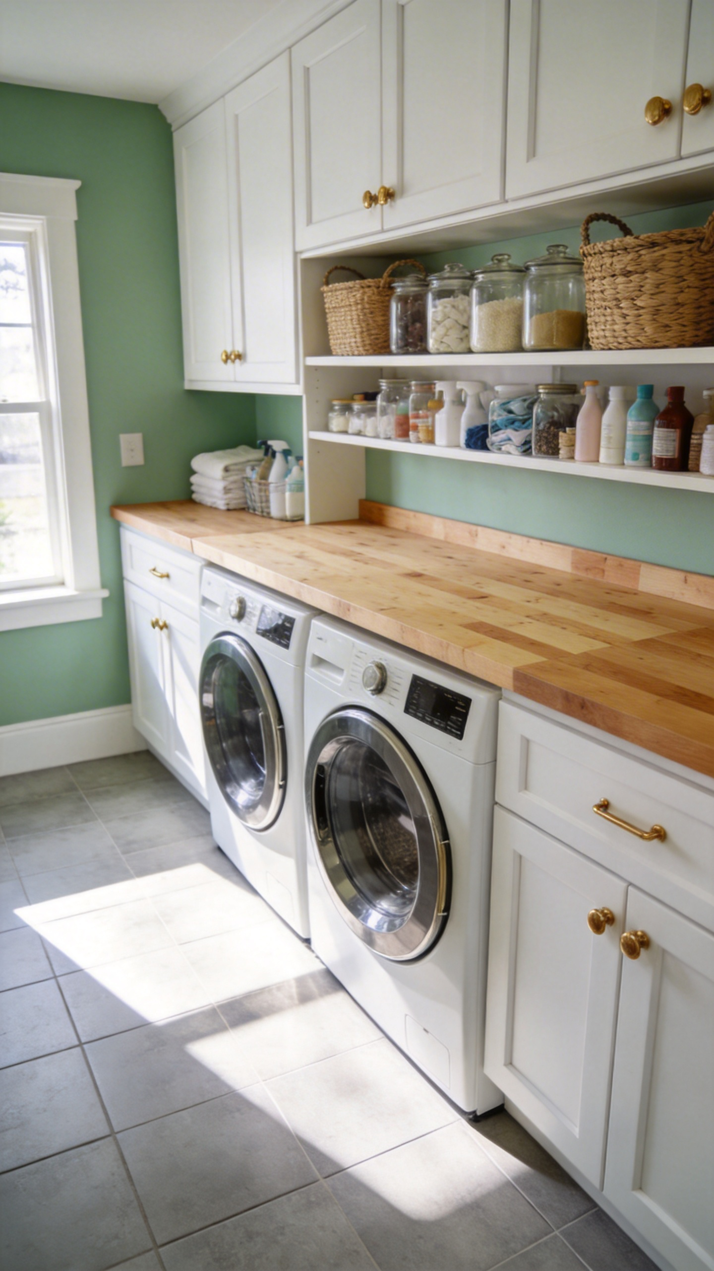 A brightly lit modern laundry room featuring an ergonomic layout with white cabinets, a wood folding counter, and organized storage at reaching height.