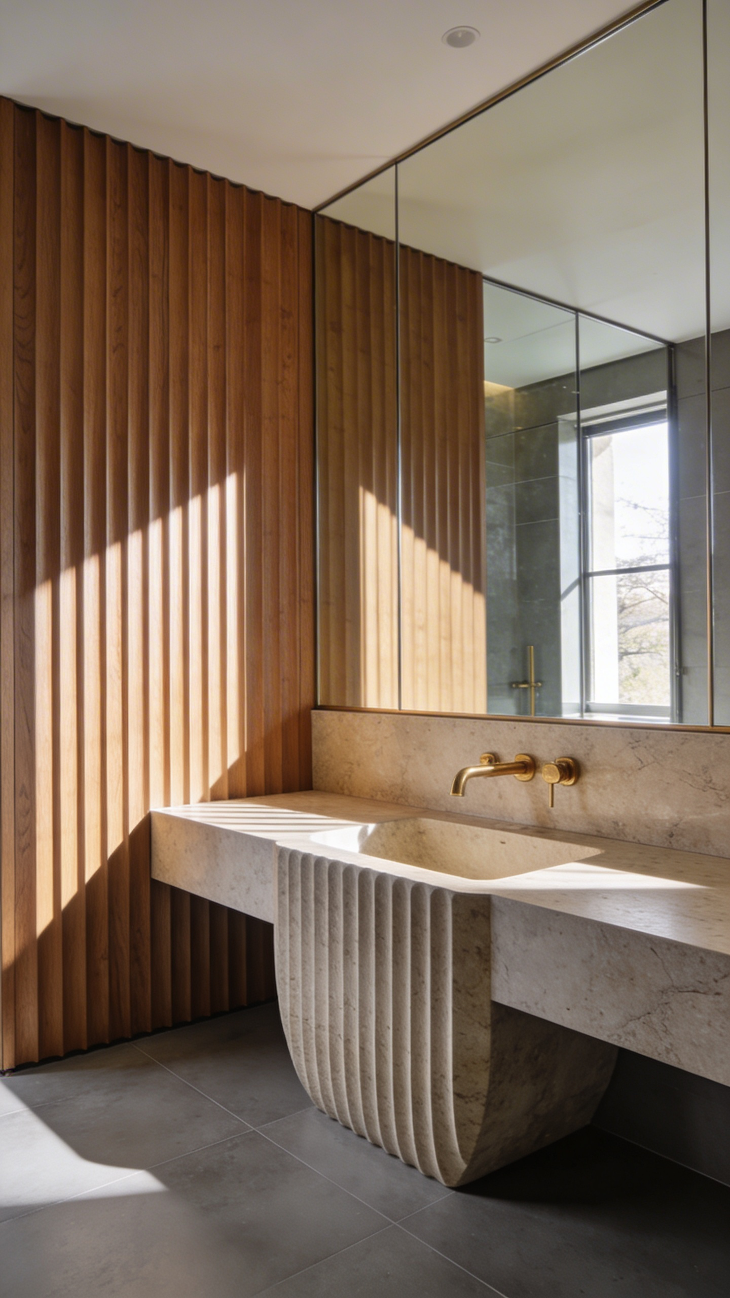 A bright modern bathroom featuring vertical fluted wood wall paneling and a reeded stone vanity under soft natural lighting.