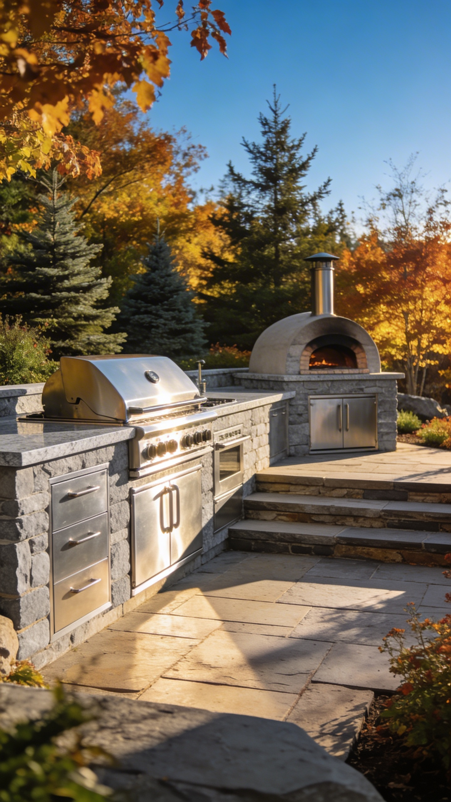 A modern outdoor kitchen with stainless steel appliances and natural stone countertops set in a beautifully landscaped backyard during autumn.