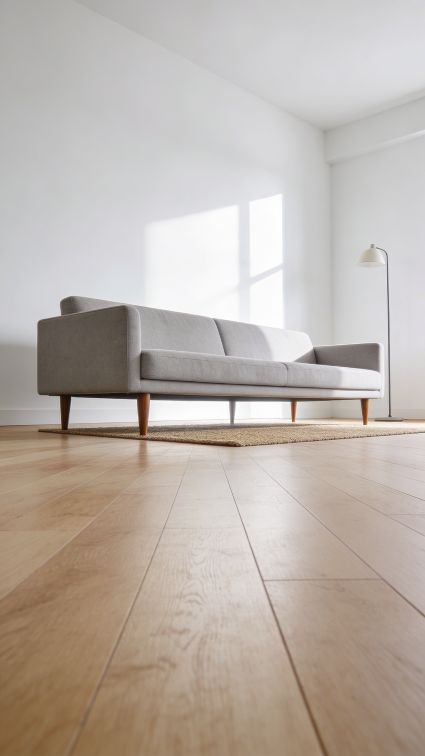 A bright, simple living room featuring a light gray sofa with tall legs that clearly expose the light oak hardwood floor beneath, demonstrating the principle of floor continuity to increase perceived space.