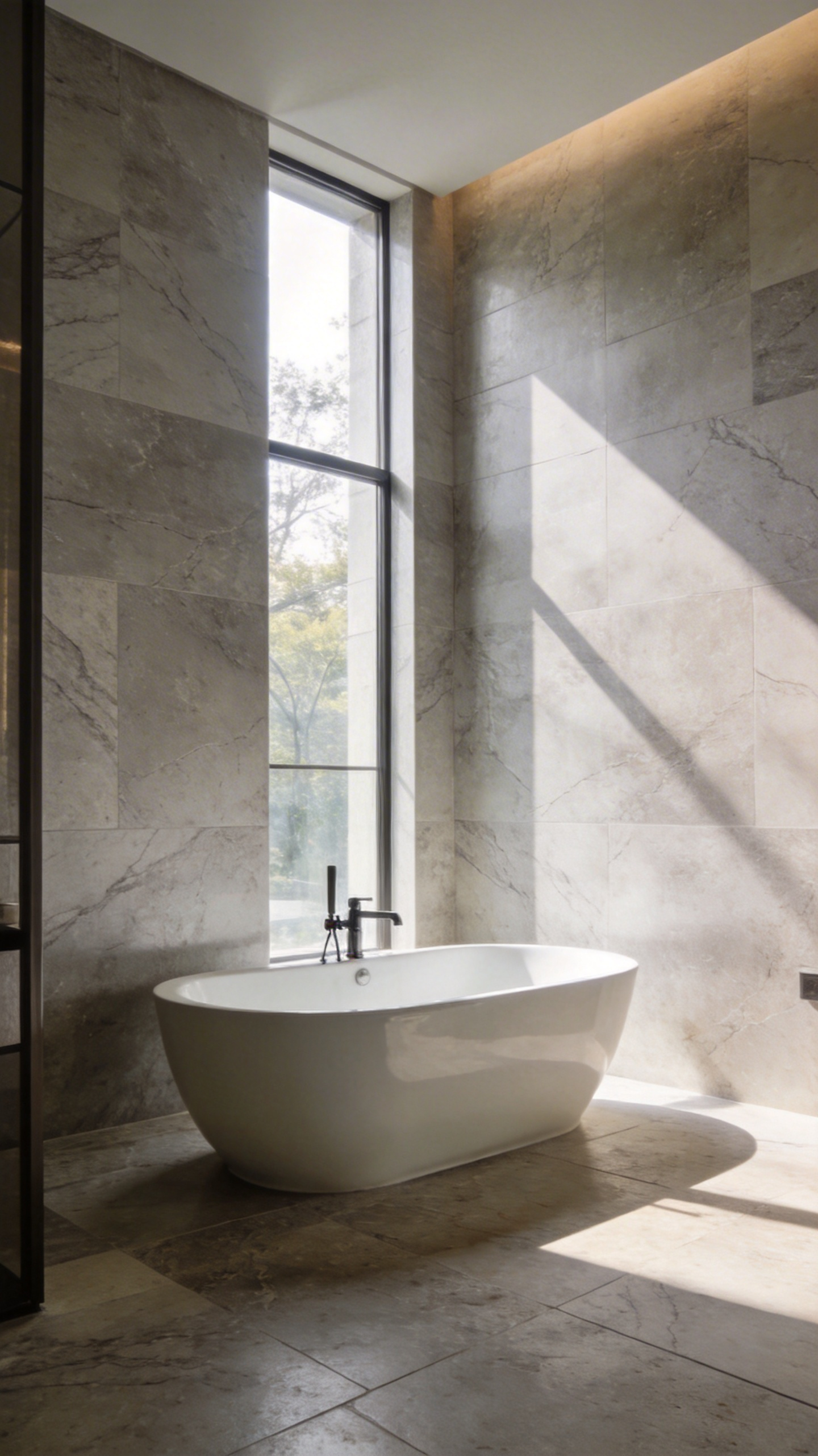 A luxurious bathroom featuring matte honed stone walls and a freestanding bathtub bathed in soft natural light to create a warm atmosphere.