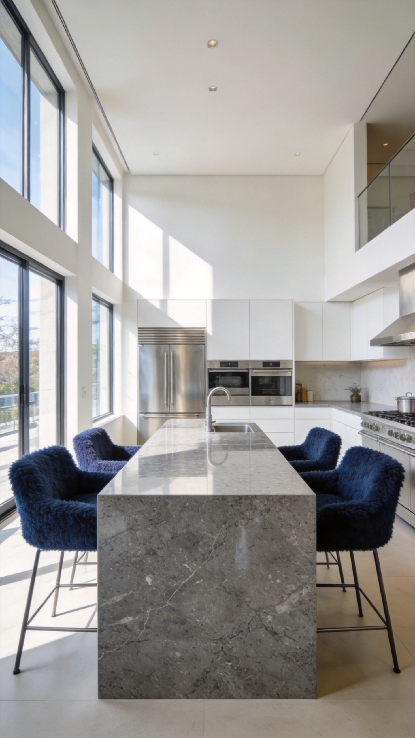 A modern kitchen island with seating featuring granite countertops and four navy blue upholstered wool stools designed for noise reduction.