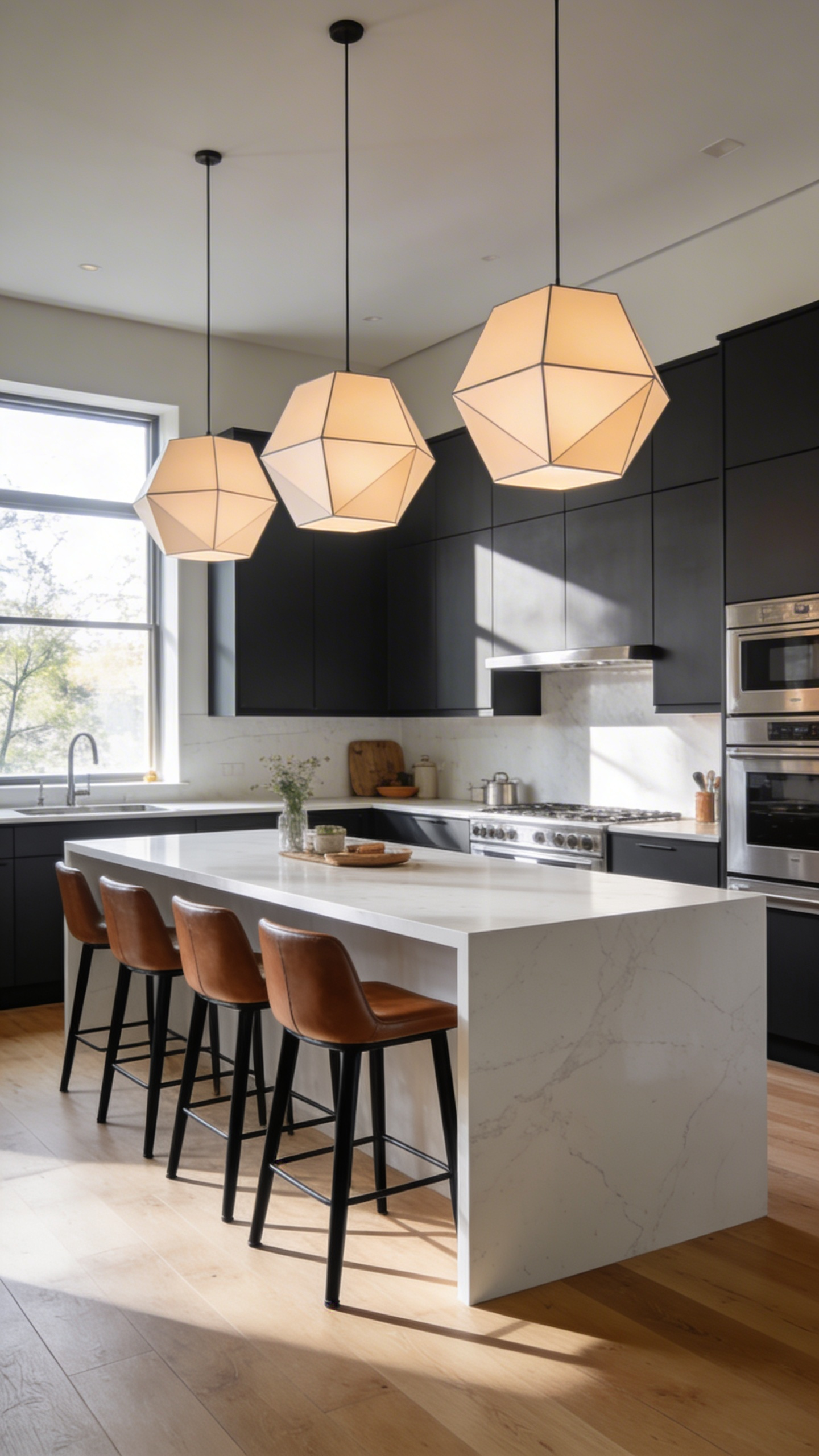 A wide-angle view of a contemporary kitchen featuring a large white quartz island with four leather bar stools and decorative pendant lighting.