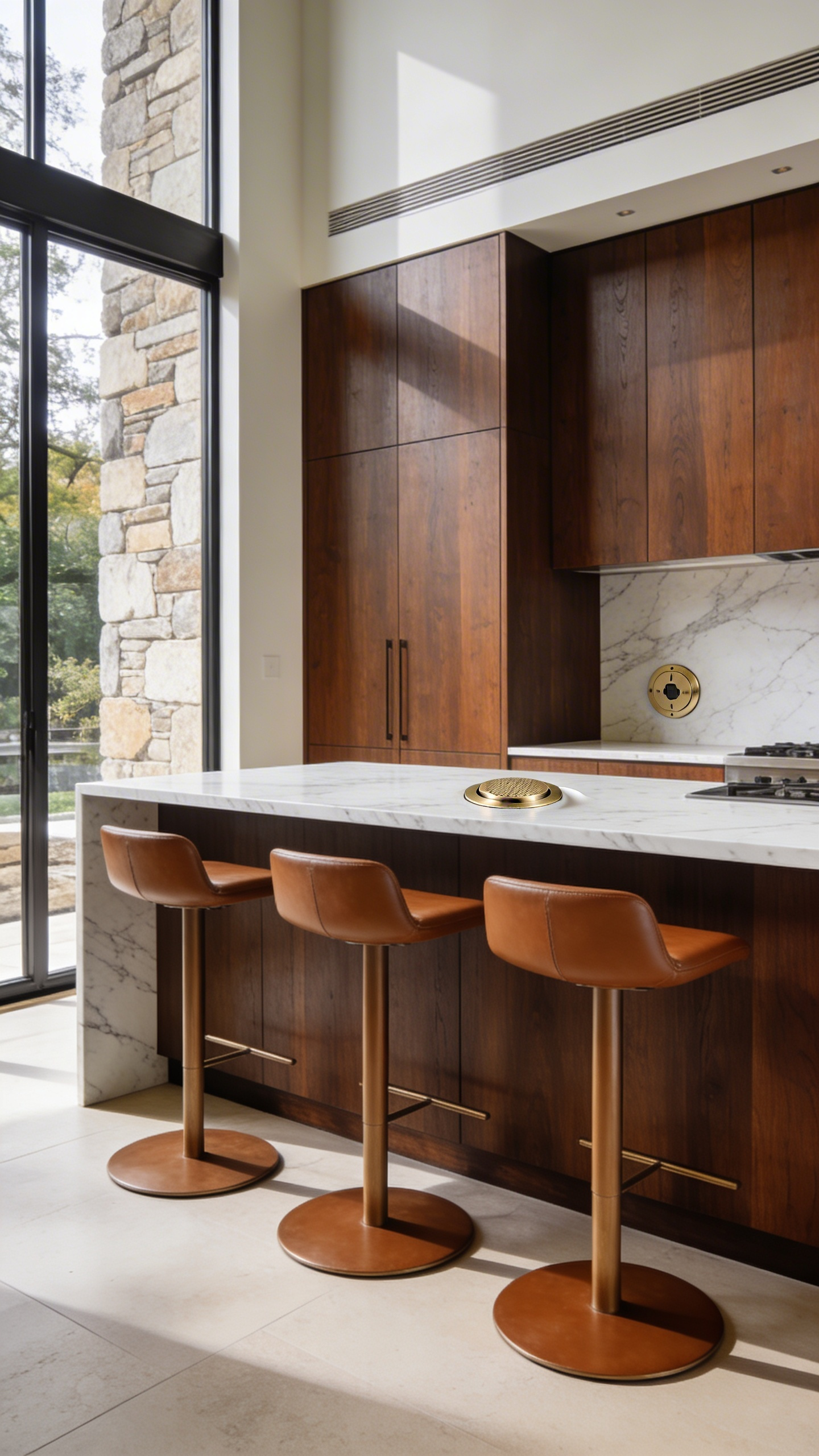 A luxury kitchen island with seating and an integrated pop-up brass power outlet for work-from-home connectivity.