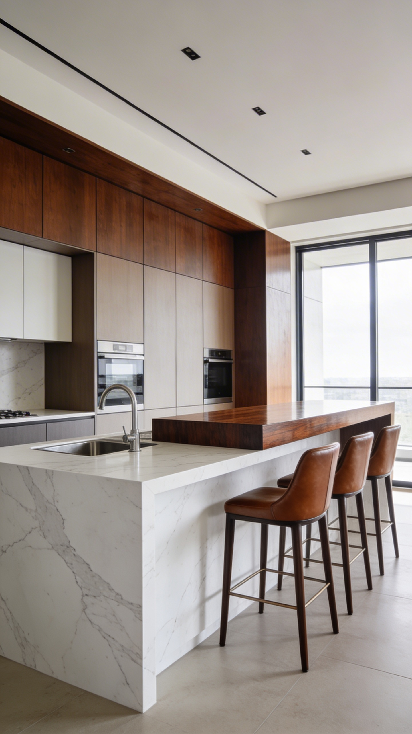 A sophisticated multi-level kitchen island with a white marble prep surface and a raised wooden dining counter with leather bar stools in a bright modern home.