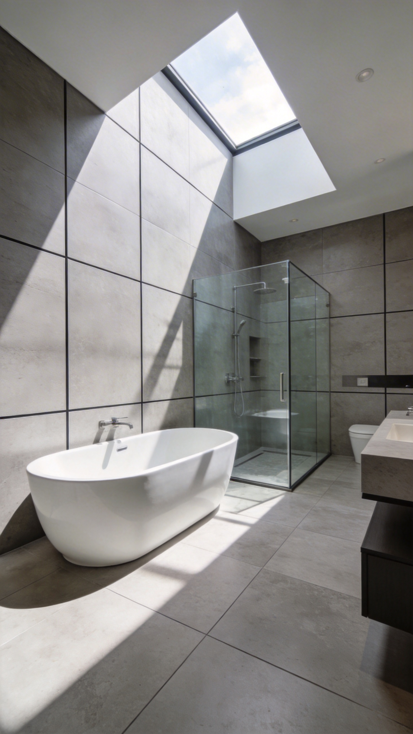 A spacious modern bathroom tiled with large-format porcelain slabs and minimal grout lines to create a seamless stone look.