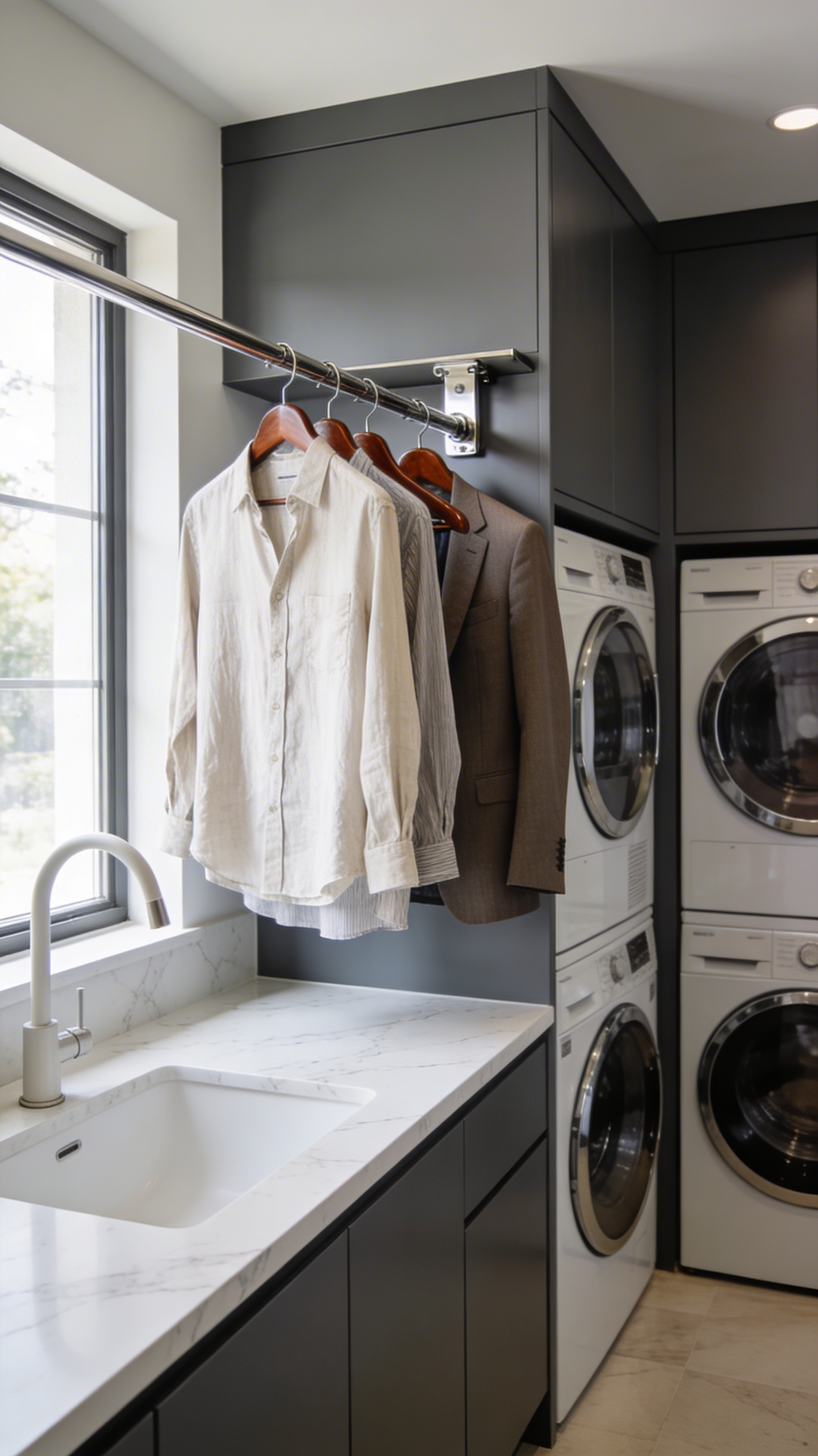 A modern luxury laundry room showcasing a chrome drop-down valet rod holding clothes for staging above a marble countertop.