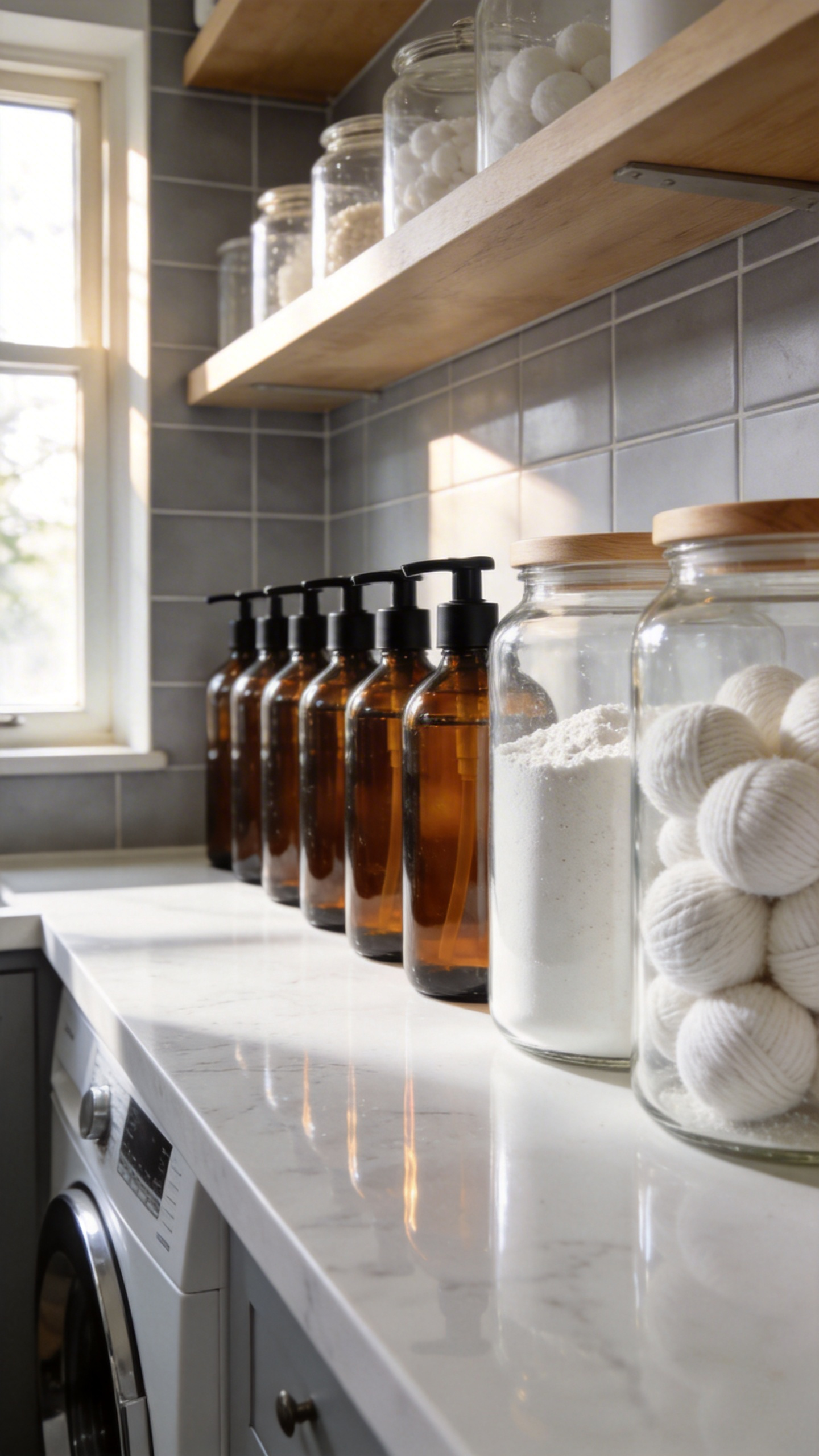 A row of uniform amber glass detergent bottles and glass jars with wooden lids neatly organized on a white shelf in a modern laundry room.