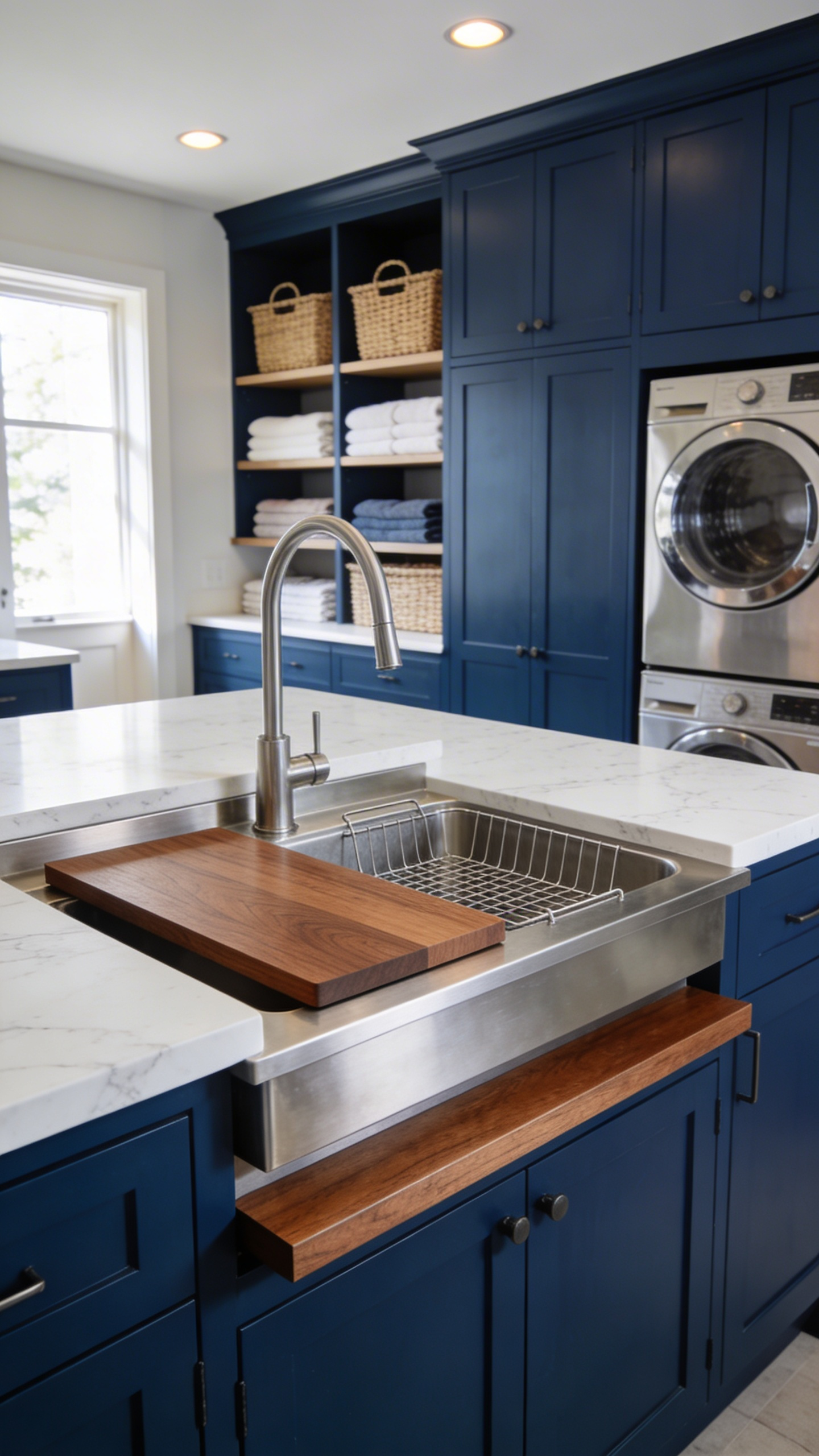 A high-end laundry room with a stainless steel workstation sink featuring a wood cutting board insert and organized storage cabinets.
