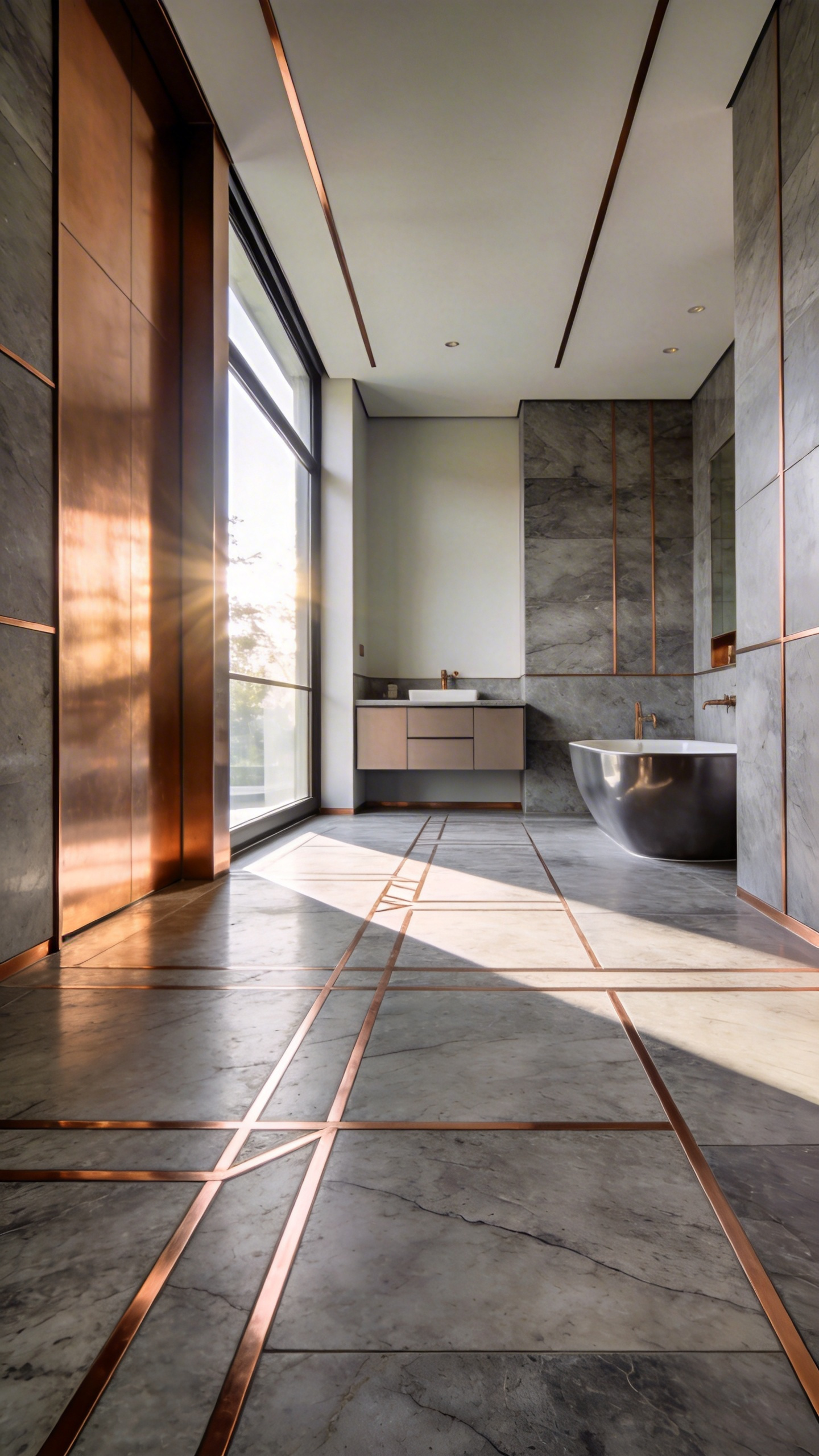 A luxury bathroom floor with large gray stone tiles featuring decorative copper metal strip inlays for a high-end design.
