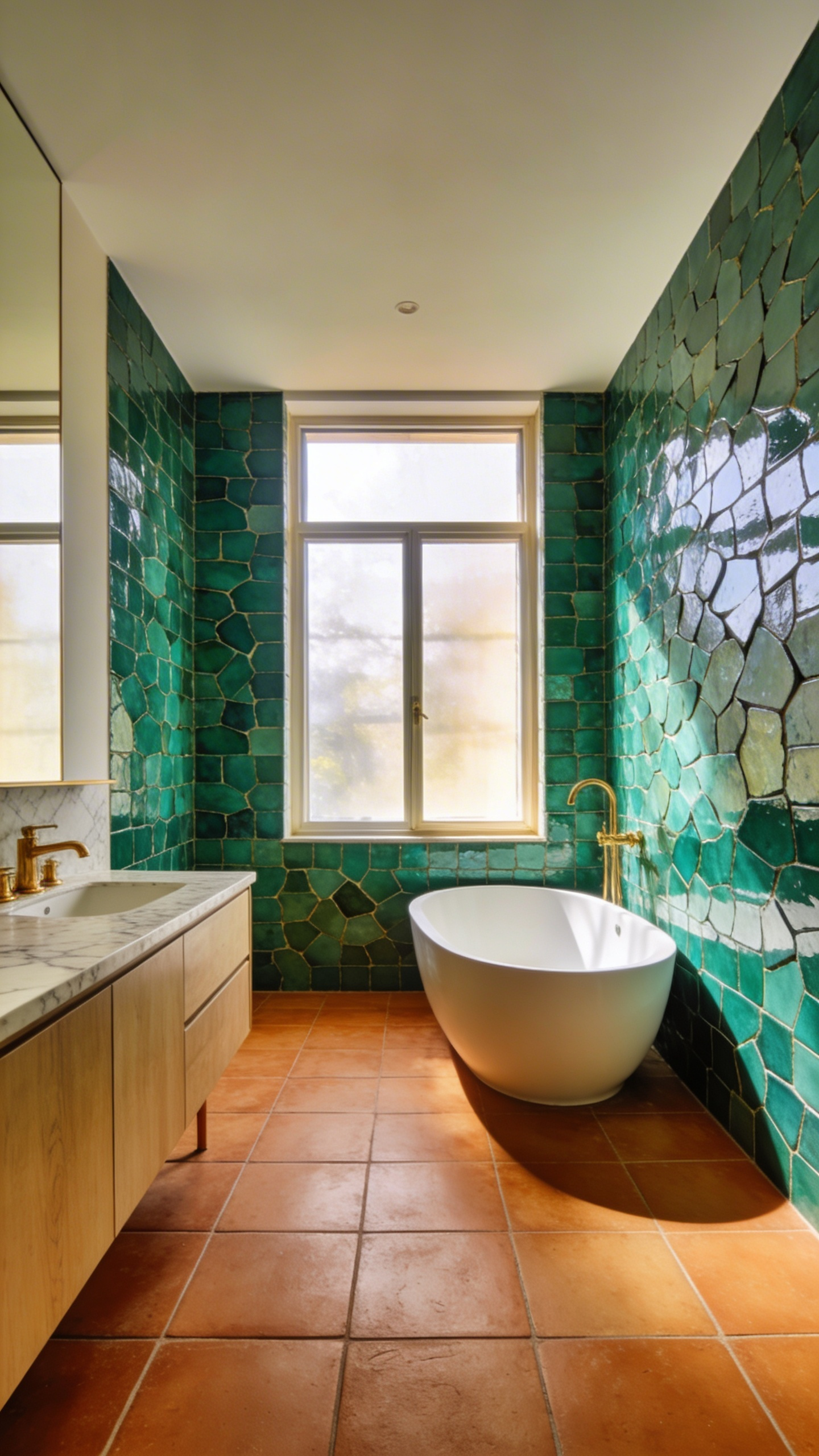 A full-view luxury bathroom design featuring textured emerald Zellige tiles on the walls and warm terracotta floor tiles near a soaking tub.