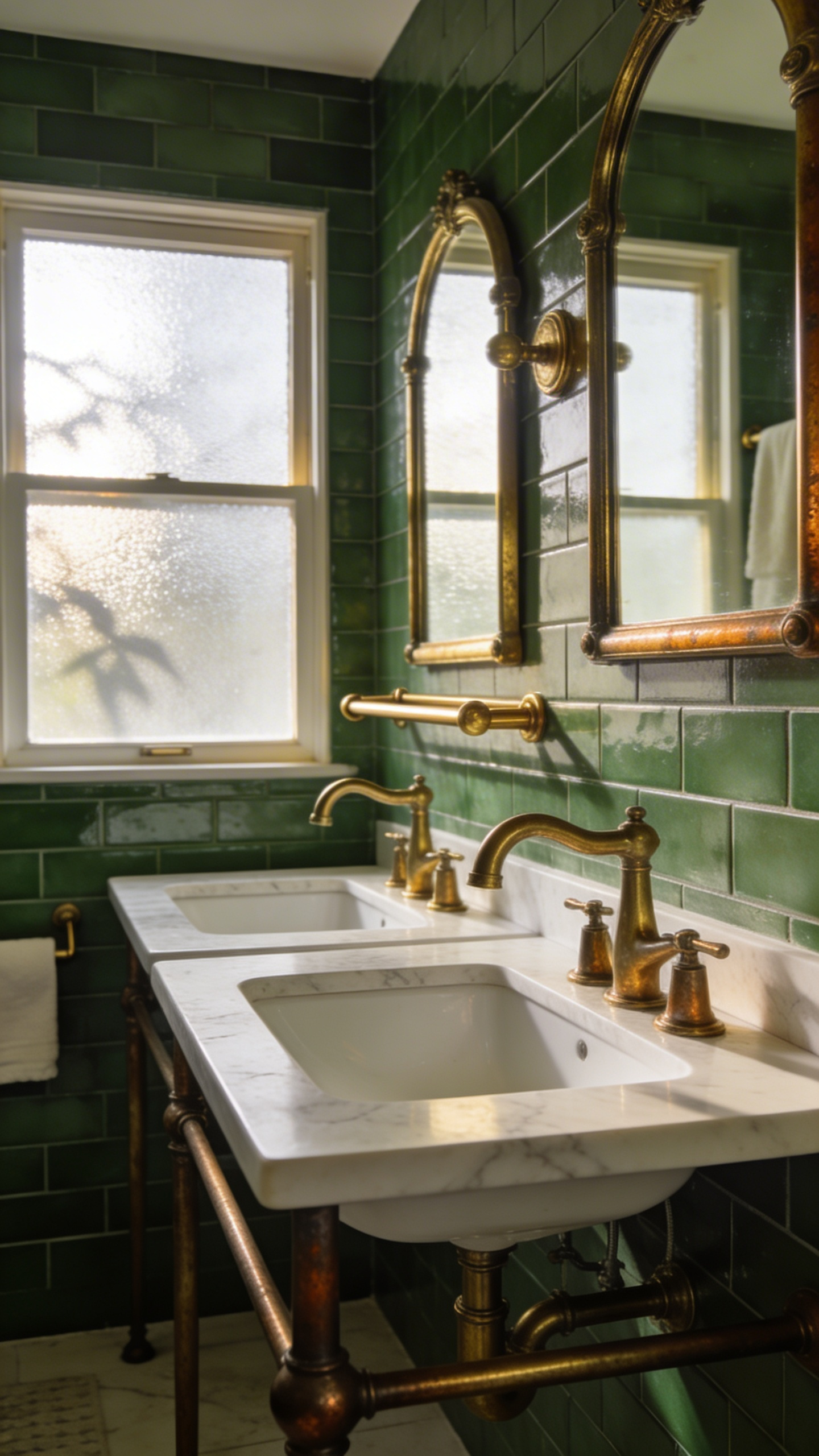 A high-end bathroom design showcasing the natural aging and bronze patina of unlacquered brass faucets on a marble vanity.