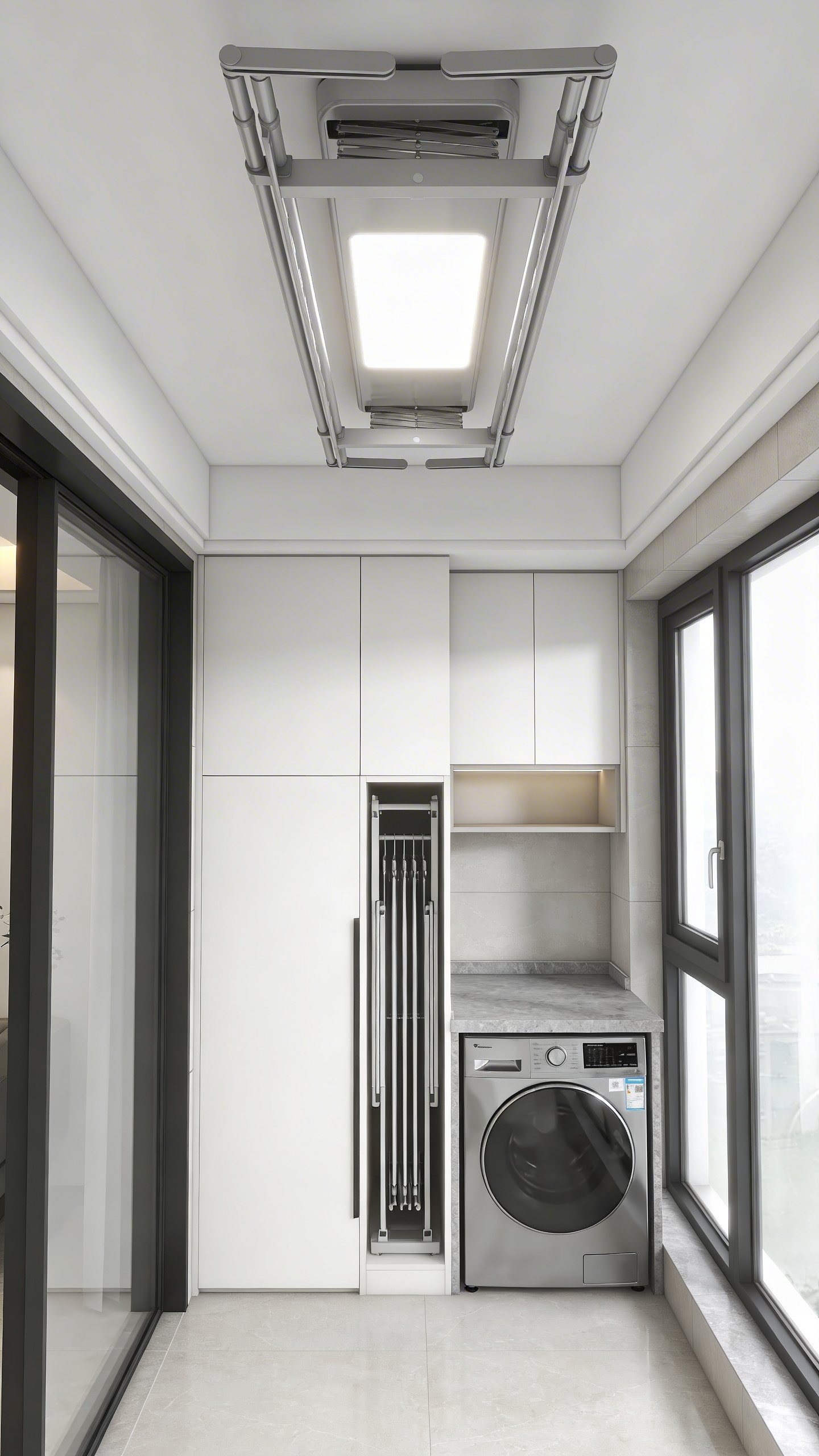 A bright modern laundry room featuring integrated retractable drying racks and motorized ceiling storage with LED lighting.