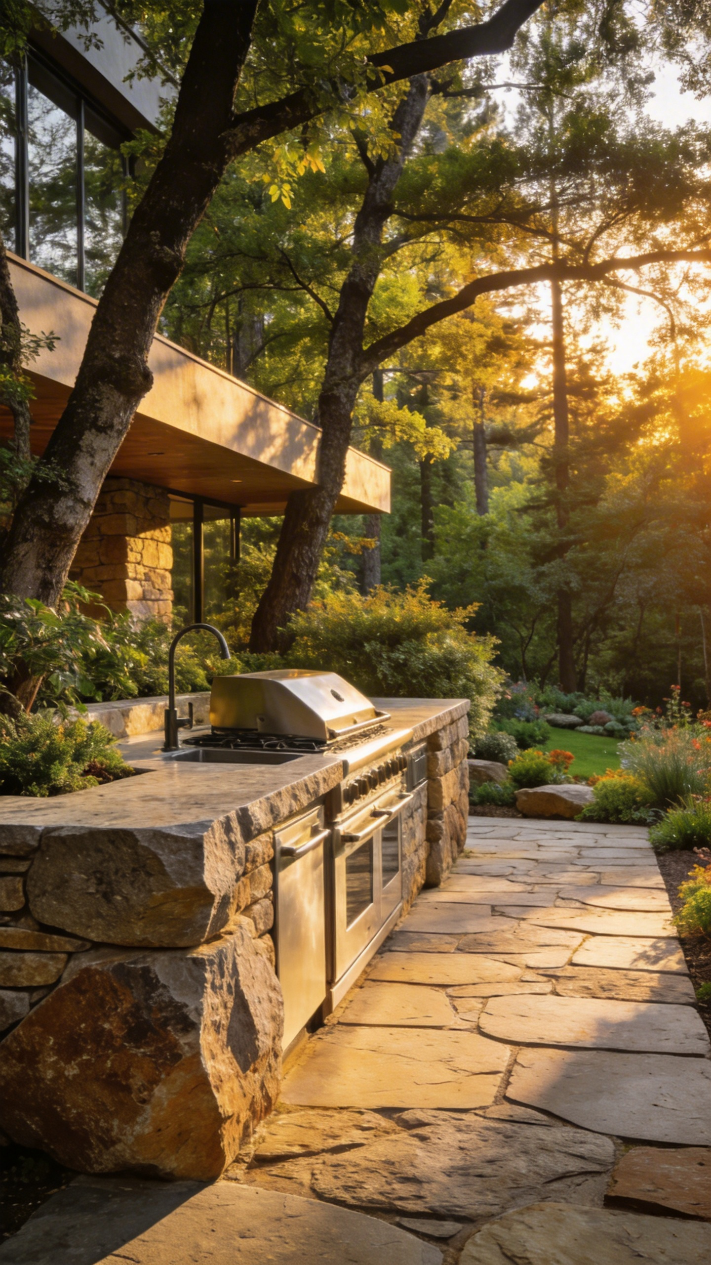 A luxury outdoor kitchen design with natural stone countertops and masonry integrated into a lush garden landscape at sunset.